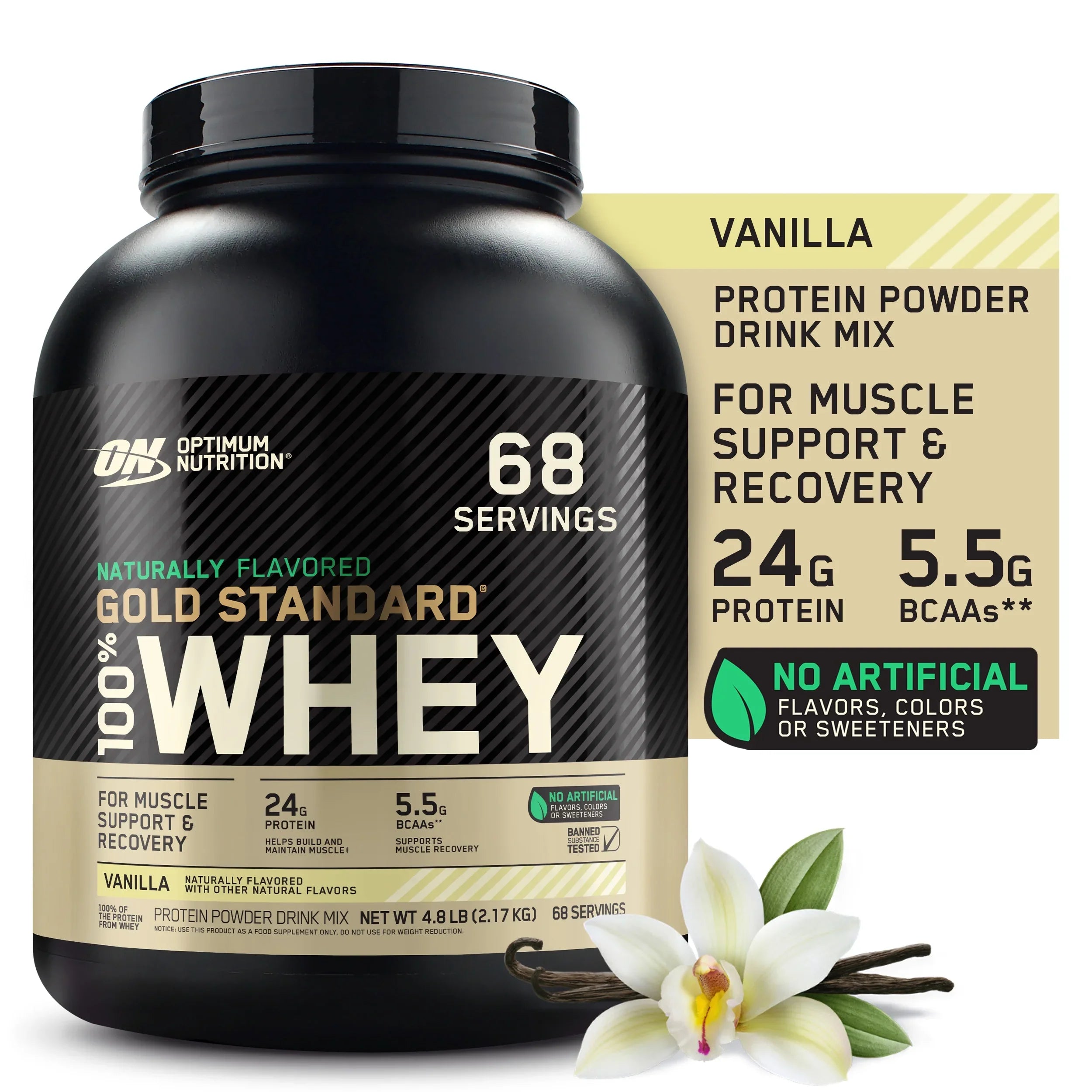 Optimum Nutrition, Gold Standard 100% Whey Protein Powder, Naturally Flavored Vanilla, 4.8 lb, 68 Servings
