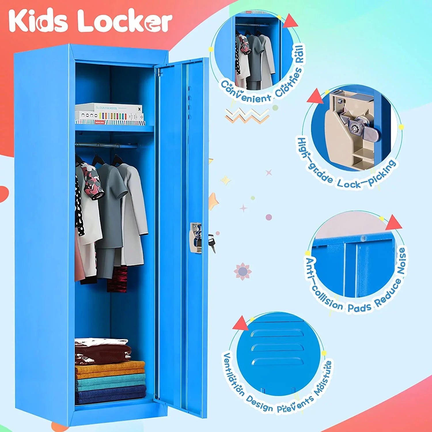 48" Kids Locker Cabinet, Daycare Metal Coat Locker w/Hanging Rod & Shelf for Kids Room Bedroom School Classroom, 2-Tier Storage Locker w/ 2 Keys for Toys, Clothes, Sports Gear