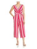 Womens Pink Zippered Pocketed Self Tie Sash Striped Sleeveless Surplice Neckline Wear To Work Wide Leg Jumpsuit 2