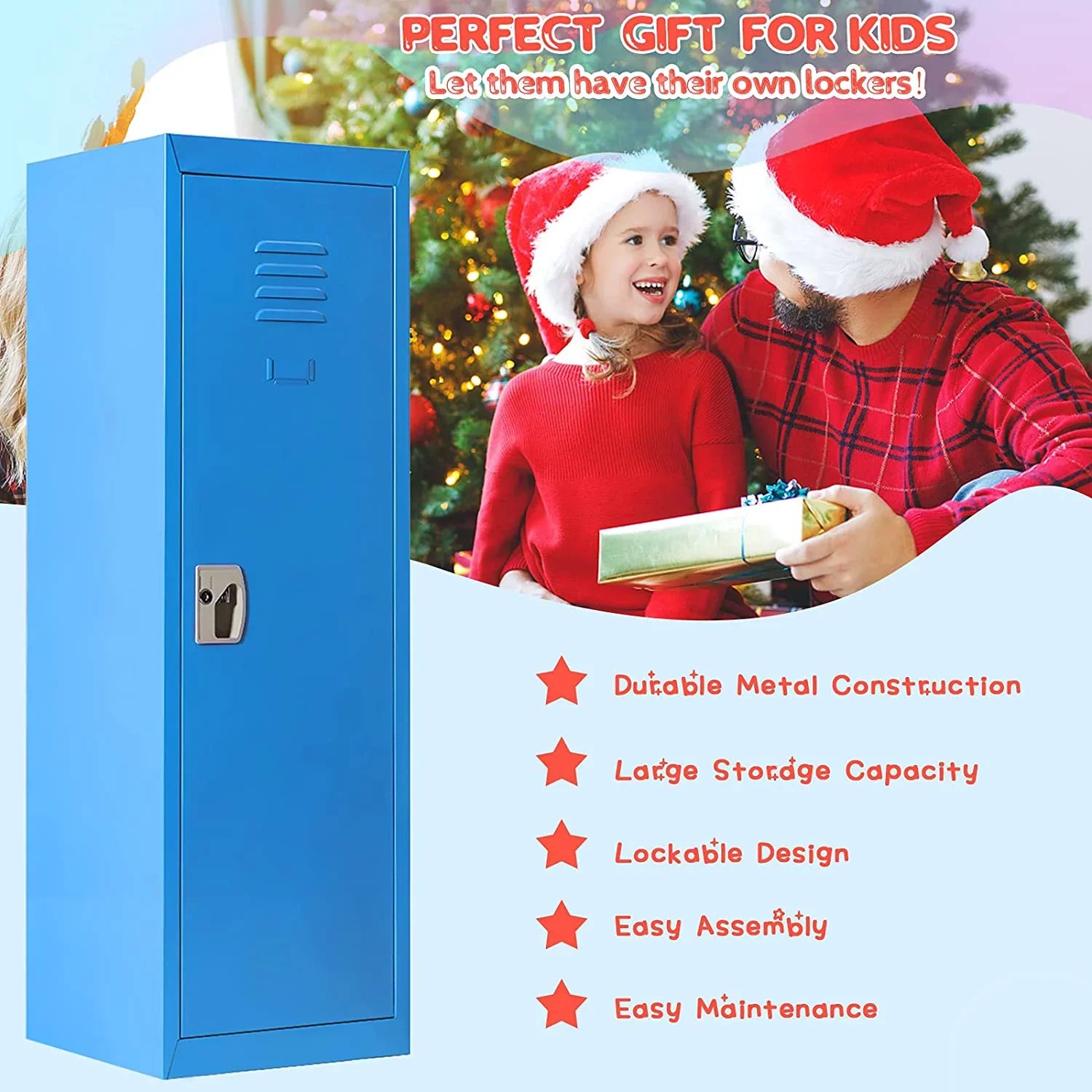 48" Kids Locker Cabinet, Daycare Metal Coat Locker w/Hanging Rod & Shelf for Kids Room Bedroom School Classroom, 2-Tier Storage Locker w/ 2 Keys for Toys, Clothes, Sports Gear