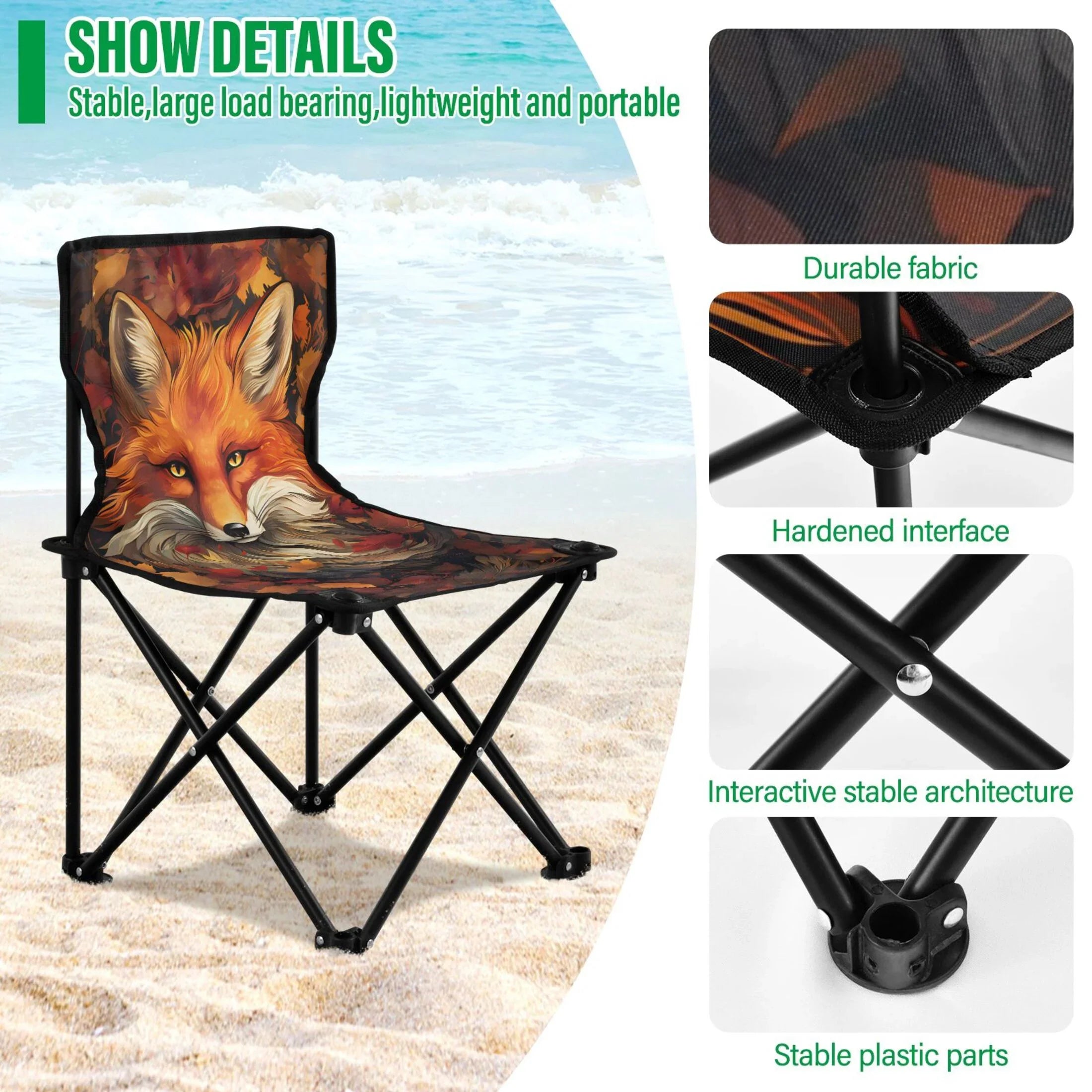 Fox with Autumn Leaves Portable Camping Chair Outdoor Folding Beach Chair Fishing Chair Lawn Chair with Carry Bag Support to 220LBS