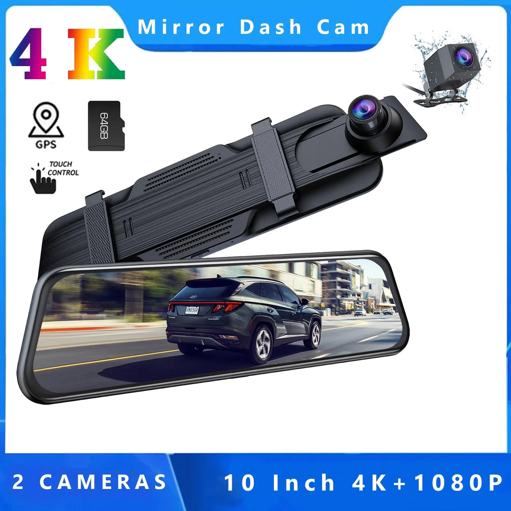 Backup Camera Rear View Mirror Camera, 10" Touch Screen 4K+1080P Front and Rear Dash Cam, with 64GB Memory Card, Parking Assist, Parking Monitoring,