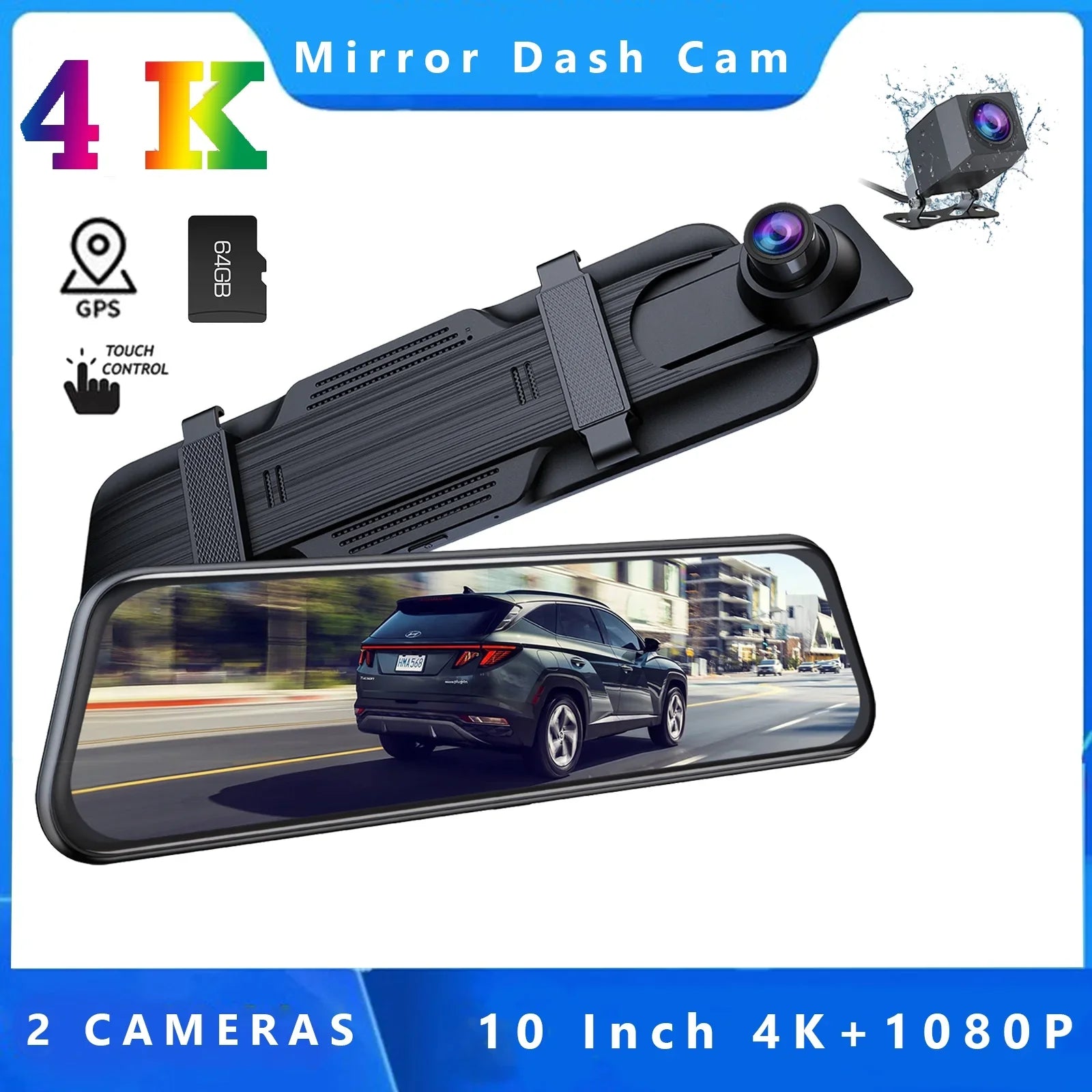 Backup Camera Rear View Mirror Camera, 10" Touch Screen 4K+1080P Front and Rear Dash Cam, with 64GB Memory Card, Parking Assist, Parking Monitoring,