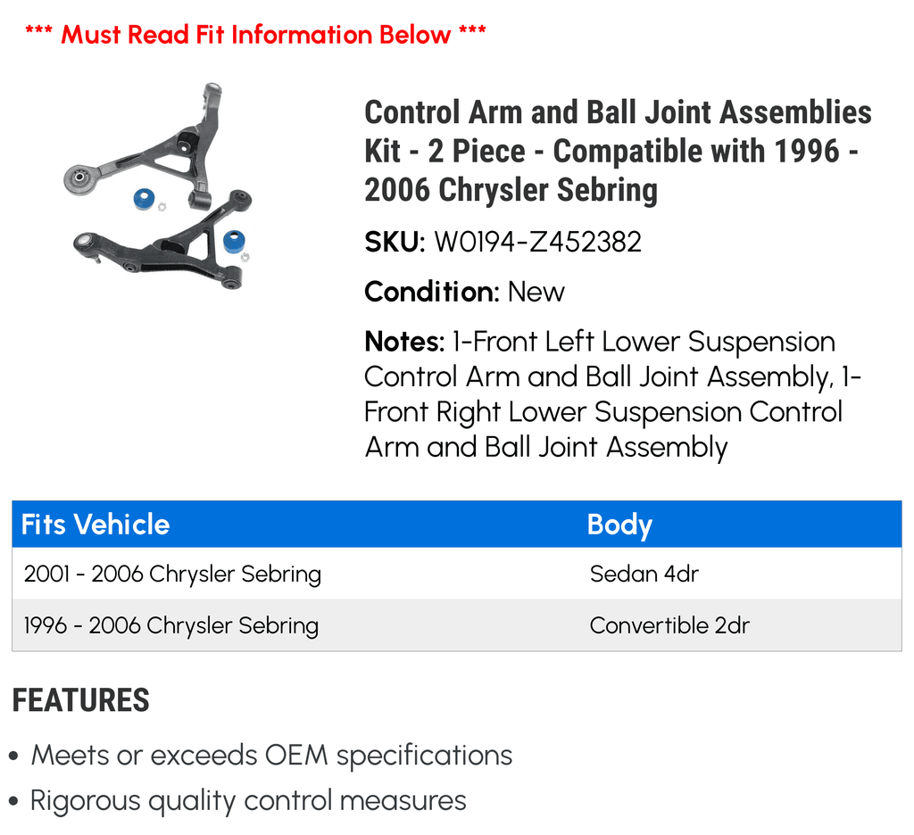 Control Arm and Ball Joint Assemblies Kit - 2 Piece - Compatible with 1996 - 2006 Chrysler Sebring 1997 1998 1999 2000 2001 2002 2003 2004 2005