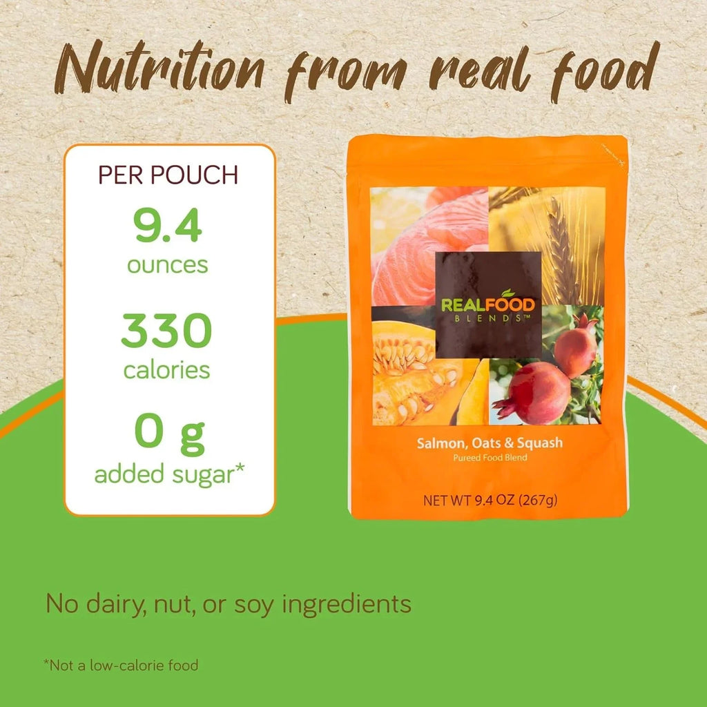 Real Food Blends - Salmon, Oats & Squash - Meals for Tube Fed People - 9.4 Oz Pouch (Pack of 12)