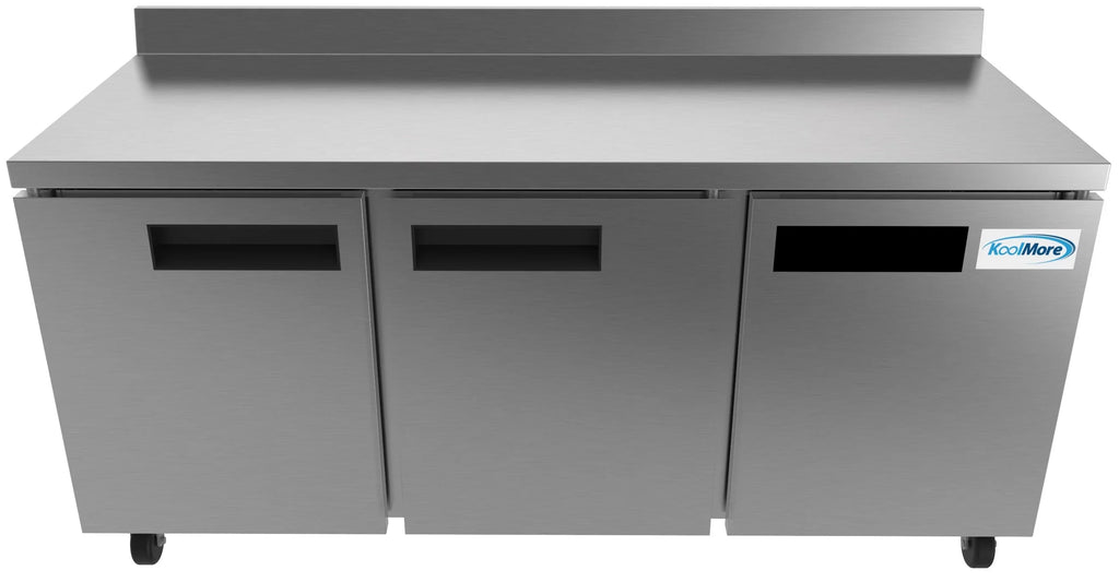 KoolMore 72 in. Three-Door Worktop Refrigerator with 3.5 in. Backsplash – 16.9 Cu. ft.