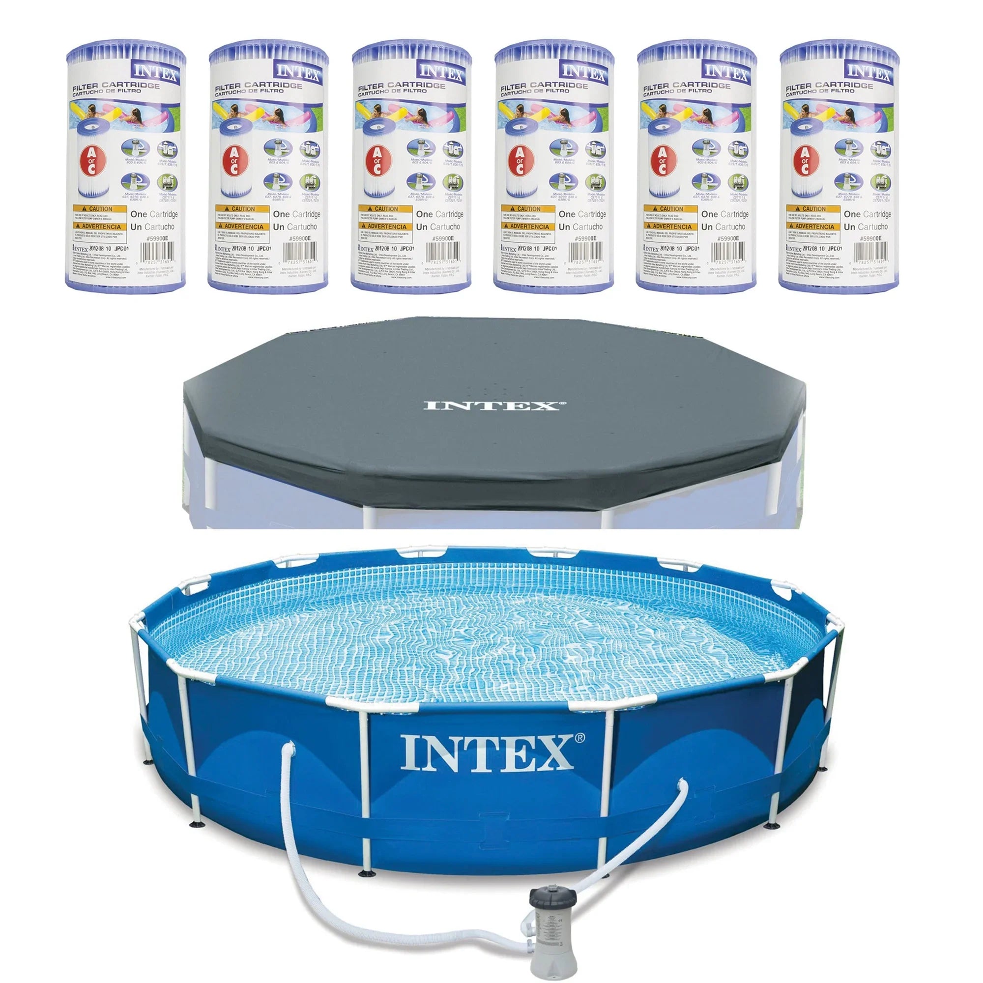 Intex Metal Above Ground Pool w/ Pump, Filter Cartridge 6 Pack, and Cover