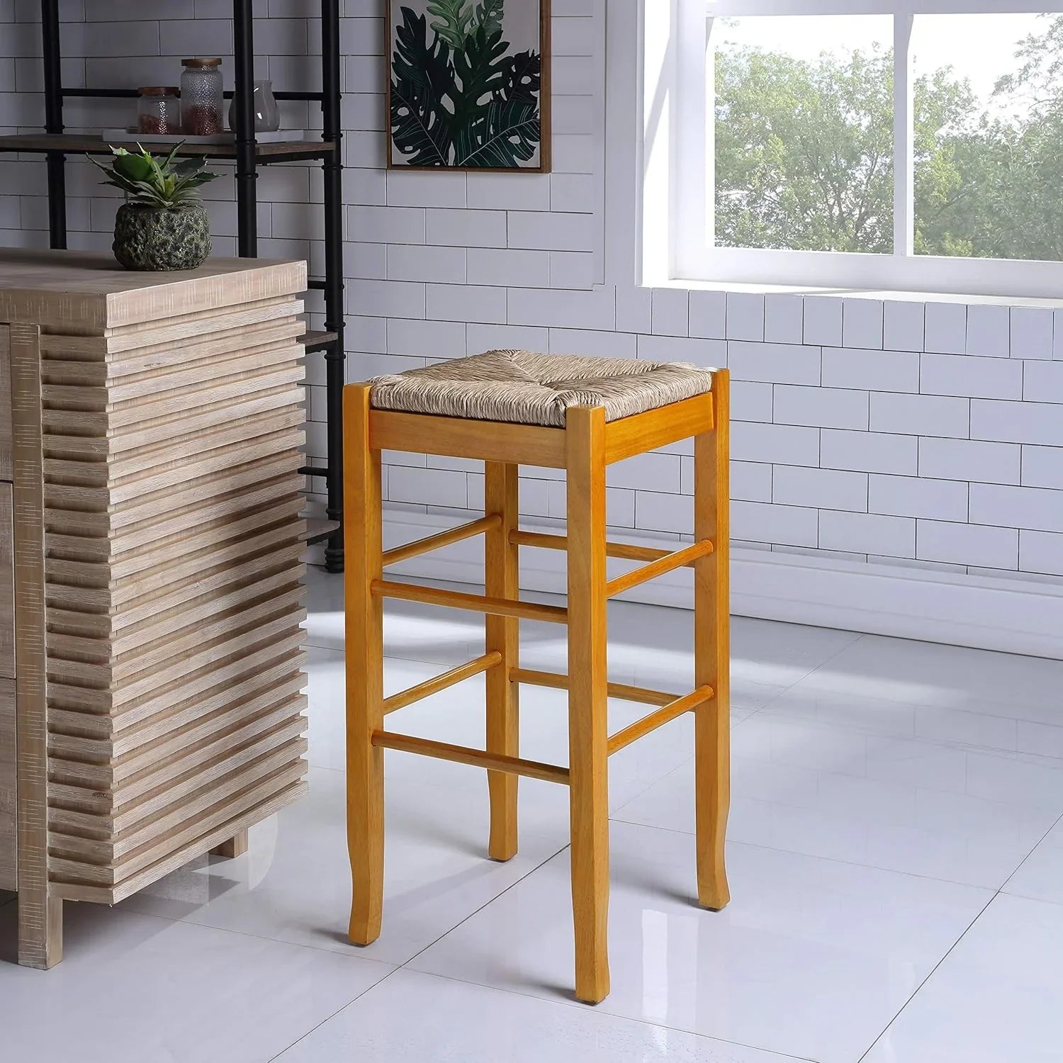 Square Rush Seat Bar Height Stool, 29-Inch, Brown