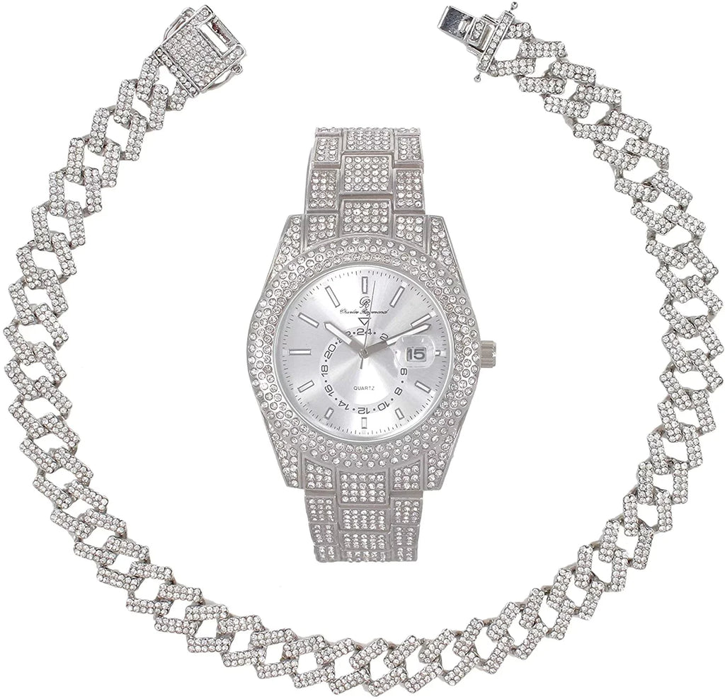Charles Raymond Ice on Blast! Blinged Out Hip Hop Rolly Looks with Iced Out Wristwatch Trim and Band with Matching Zig Zag Bling'ed Out Necklace Sets -  Necklace Sets - Silver