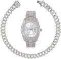 Charles Raymond Ice on Blast! Blinged Out Hip Hop Rolly Looks with Iced Out Wristwatch Trim and Band with Matching Zig Zag Bling'ed Out Necklace Sets -  Necklace Sets - Silver