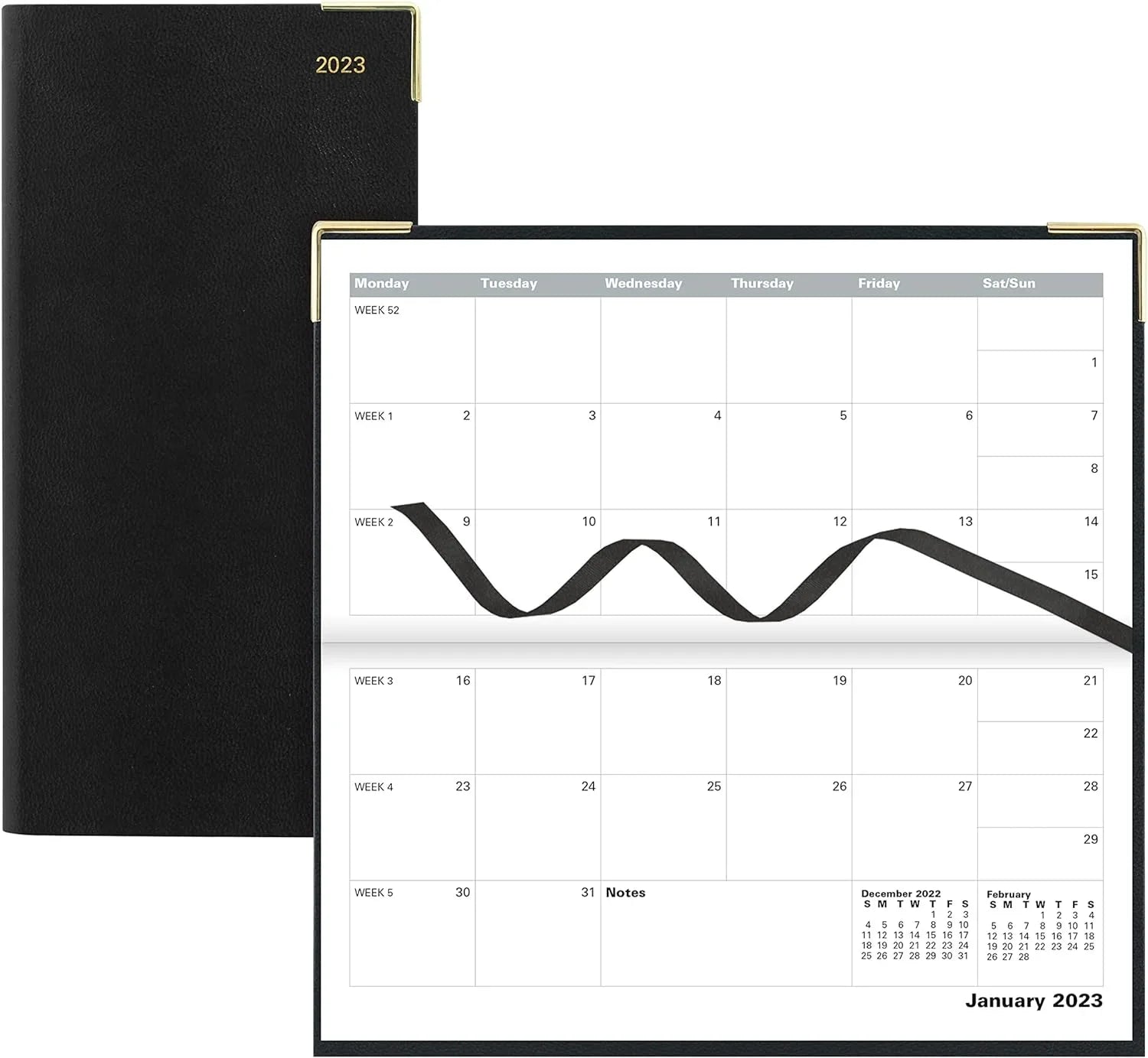 Of London 12S Daily Planner, Day Per Page, Classic Slim Month Per Page, 13 Months Jan 2023 - Jan 2024, Landscape Diary 2023 6 5/8" 3 1/4" (Black)