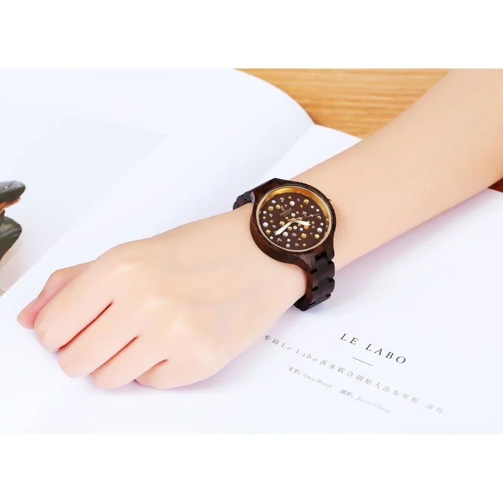 Womens Brown Salwood Watch with Crystals, Gold Bezel, Business Casual, Swiss Ronda Movement, 1ATM Water Resistant MTJW13040