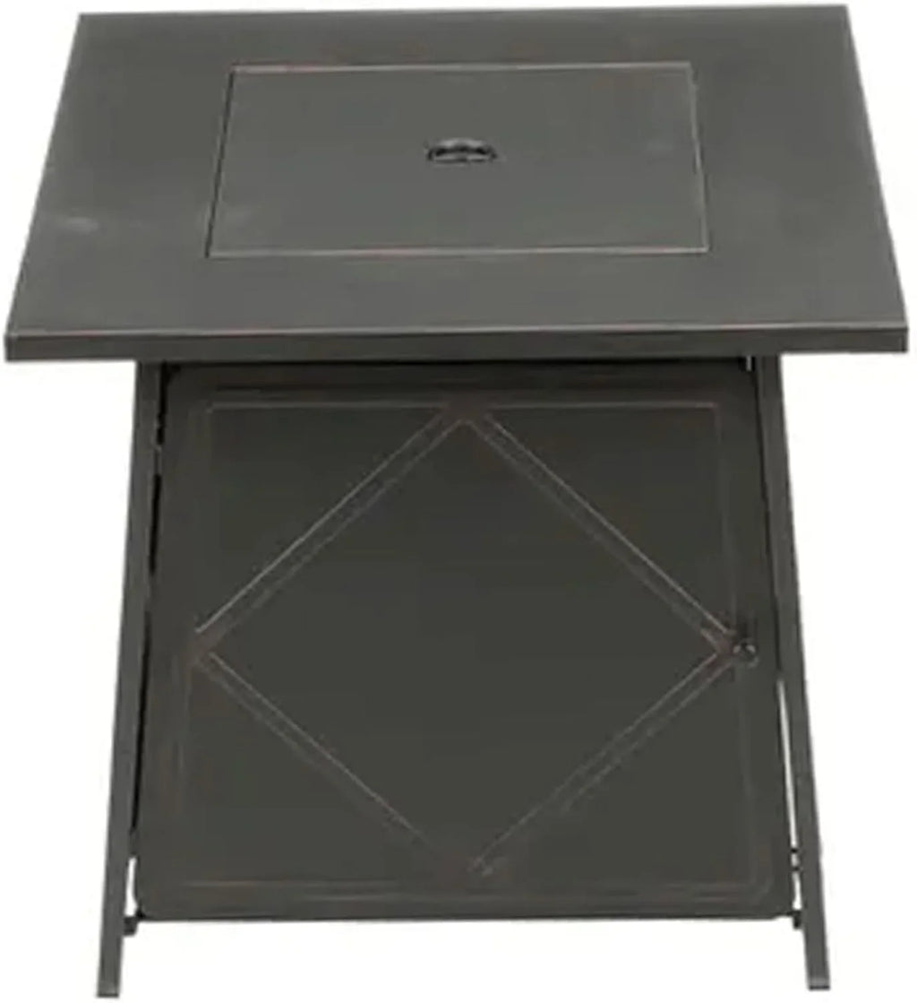 28 Inch Steel Square Gas Outdoor Backyard Tabletop Fire Pit with Lava Rocks and Steel Cover Lid, Black