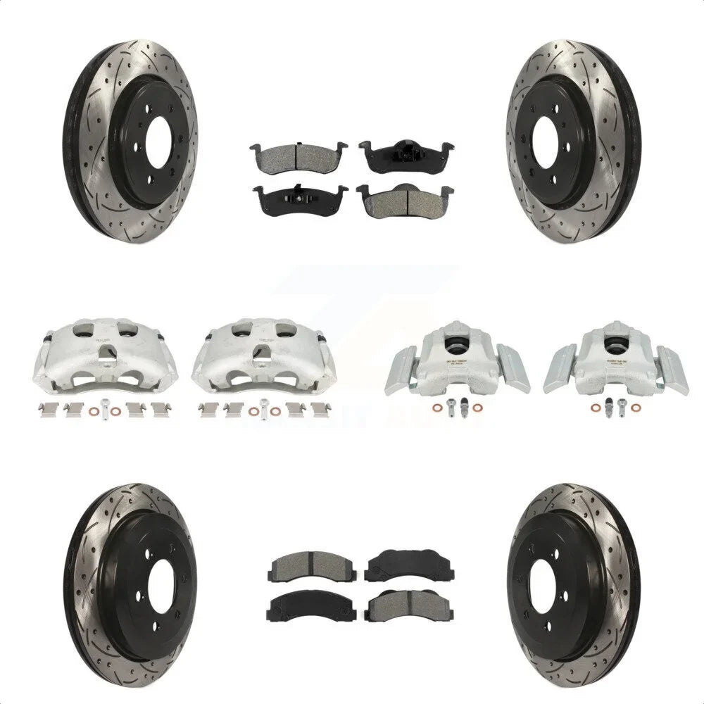 Transit Auto Front Rear Disc Brake Coated Caliper Drilled Slotted Rotors And Semi-Metallic Pads Kit (10Pc) For 2010-2017 Ford Expedition Lincoln Navigator -100310S