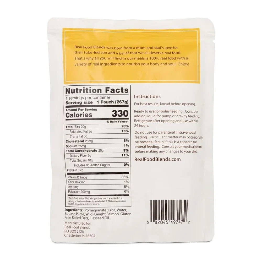 Real Food Blends - Salmon, Oats & Squash - Meals for Tube Fed People - 9.4 Oz Pouch (Pack of 12)