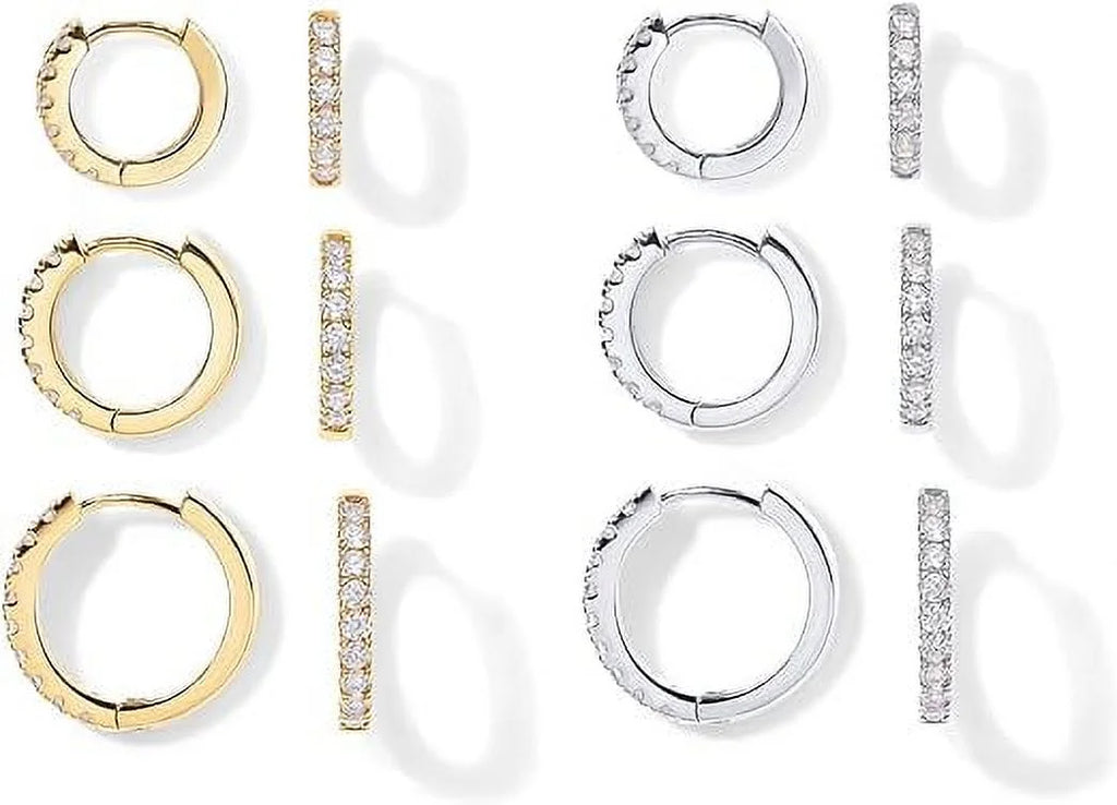 18K Yellow and White Gold Plated Pack 925 Sterling Silver Post, 6 Pairs Small Gold Hoop Earrings Set | Mini Cartilage Helix Huggie Hoop Pack for Women Men 8mm 10mm 12mm