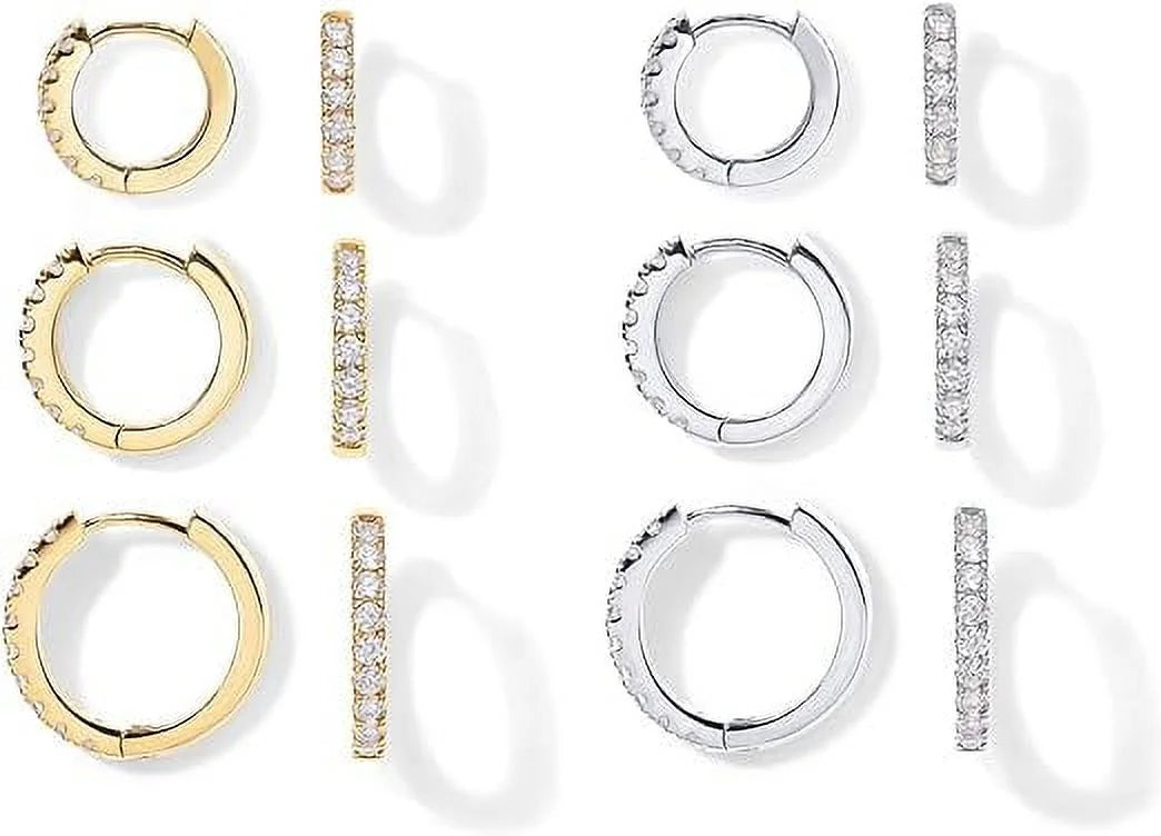 18K Yellow and White Gold Plated Pack 925 Sterling Silver Post, 6 Pairs Small Gold Hoop Earrings Set | Mini Cartilage Helix Huggie Hoop Pack for Women Men 8mm 10mm 12mm