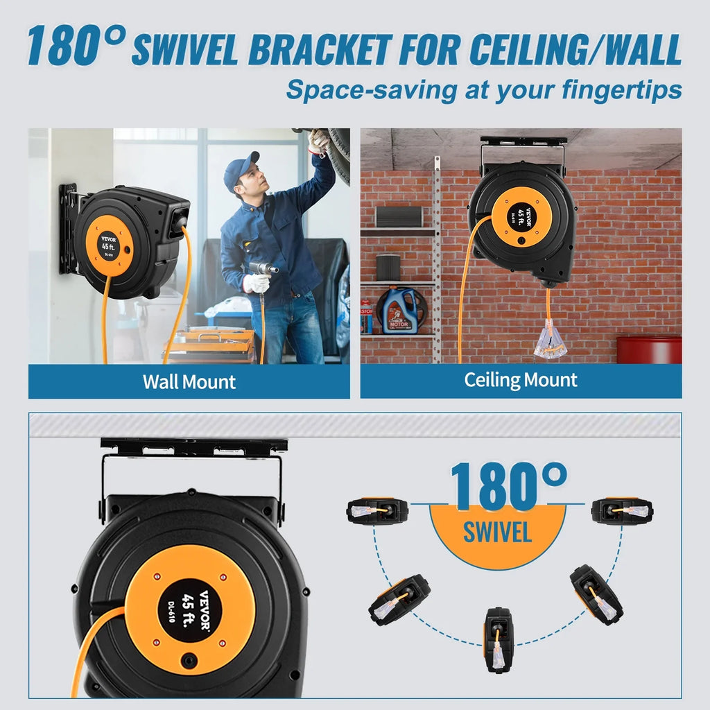 Retractable Extension Cord Reel Power Cord Reel 45FT 12AWG/3C