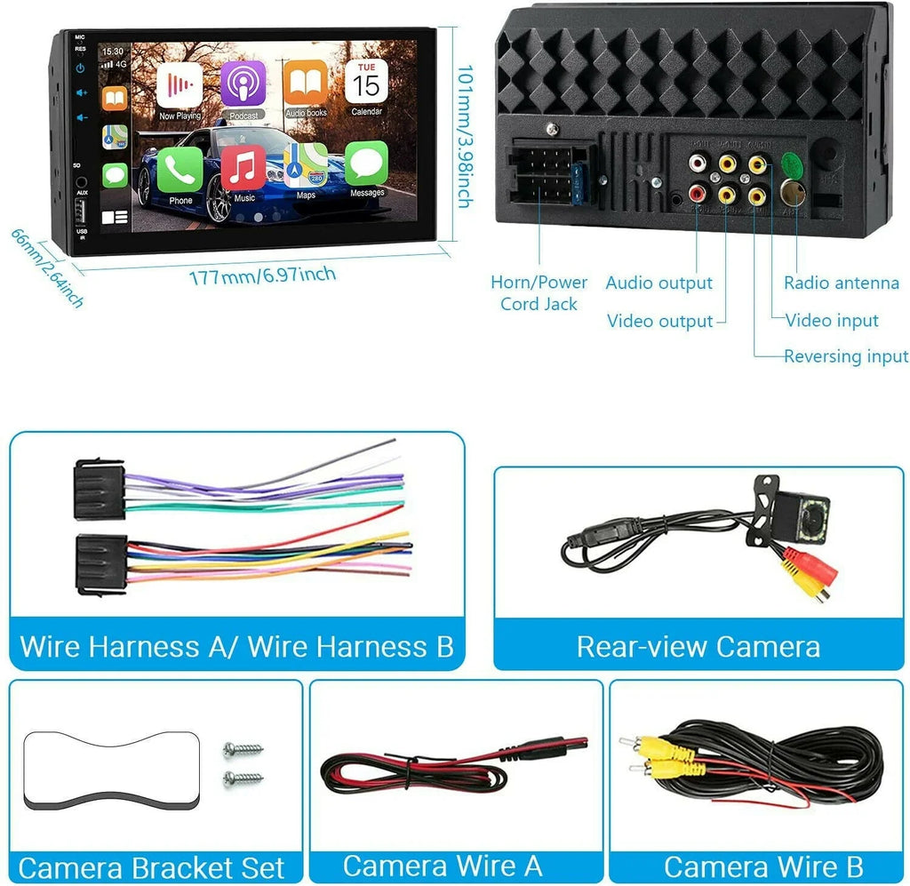 Double 2Din 7" Car Stereo Android/Apple Carplay Radio Touch Screen Player + 12LED Camera