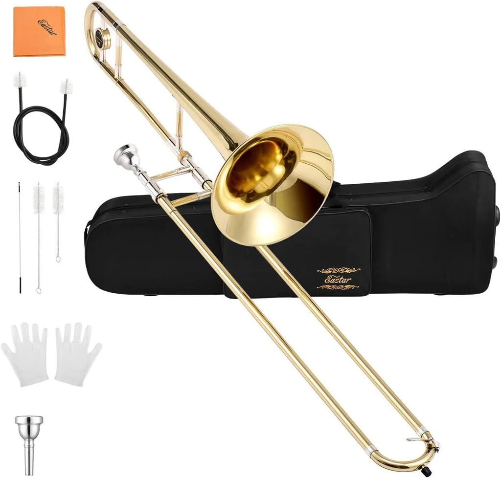 Eastar Bb Tenor Trombone for Beginners Students B Flat Brass Instrument, with Case, Mouthpiece, White Gloves, Cleaning Kit, Gold