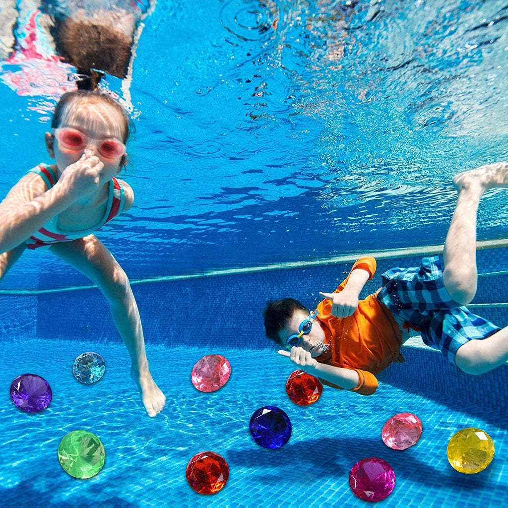 Diving Gem Pool Toy 6 Big Colorful Diamonds Set with Treasure Pirate Box Summer Swimming Gem Diving Toys Set Dive Throw Toy Set Underwater Swimming Toy for Pool Use Treasures Gift Sets (silver white)