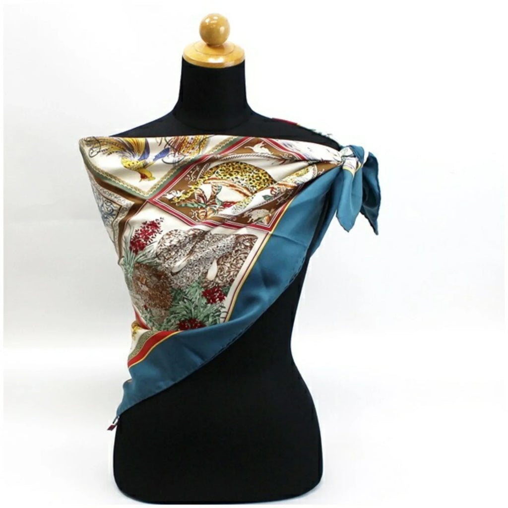 Pre-Owned Salvatore Ferragamo silk scarf muffler animal print green teal ladies (Good)