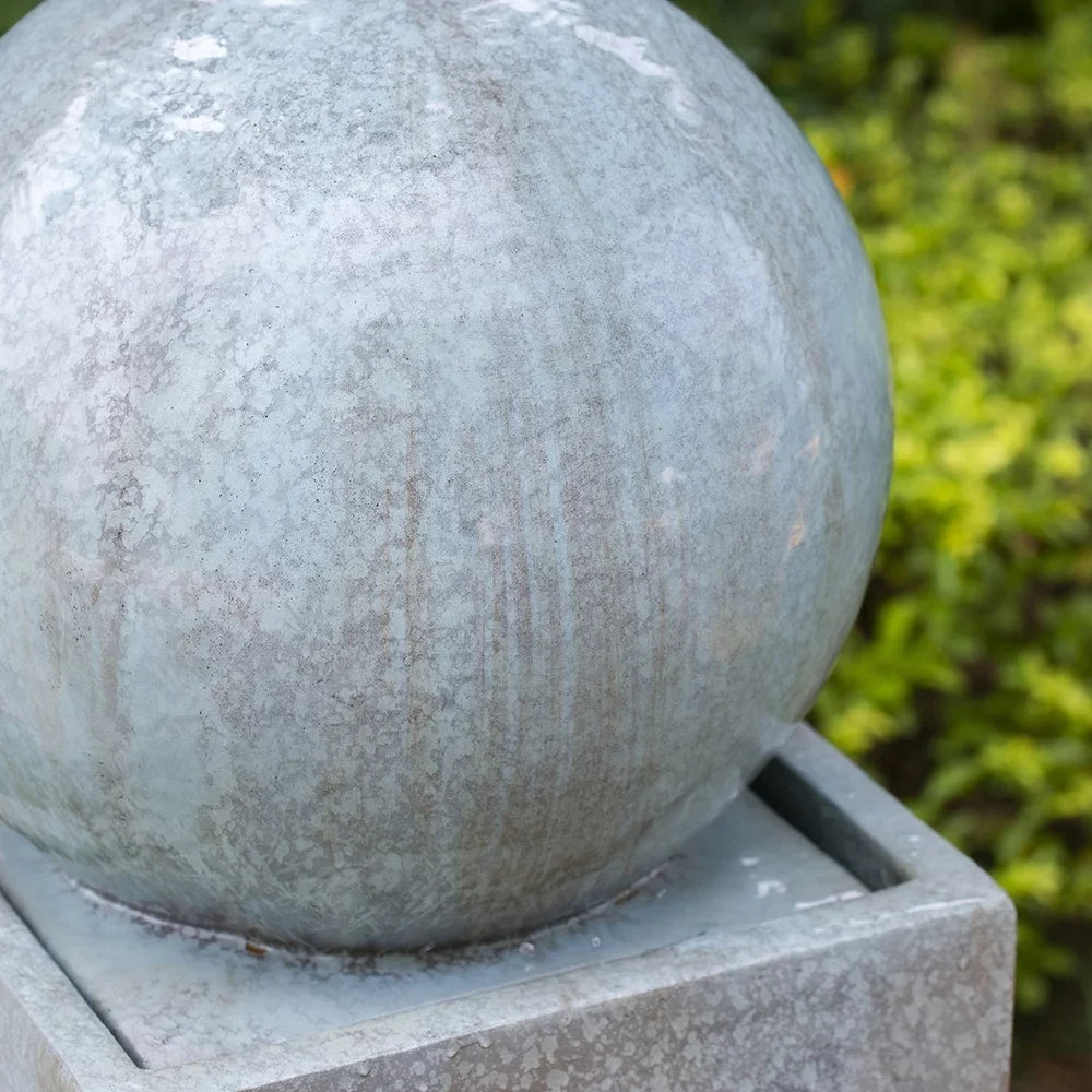 13x13x44" Tall Contemporary Sphere Outdoor Water Fountain, Cement/Concrete Outdoor Fountain, Antique Blue Raindrop Water Feature with Light For Garden, Lawn, Deck & Patio