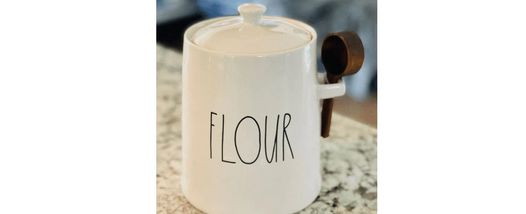 Rae Dunn New Bell Shaped Large Flour Canister Ivory Ceramic with Wooden Scoop Black  Letters Kitchen