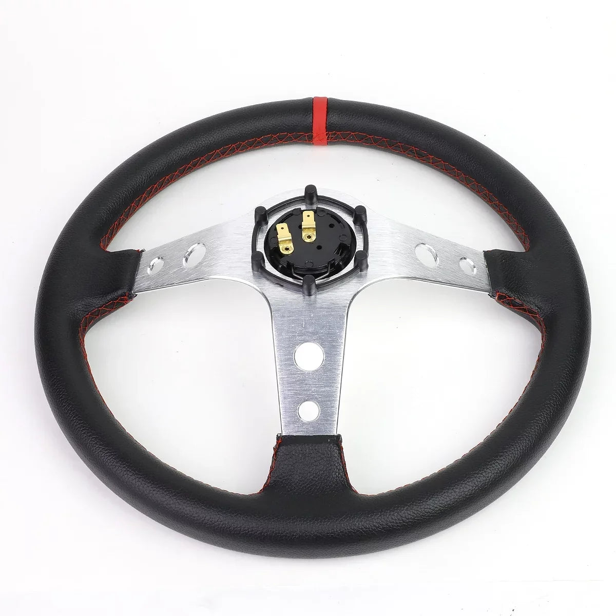 Motoring -T520-- 350mm Silver 6-Bolt Spoke Red Stitched  Leather Racing Steering Wheel