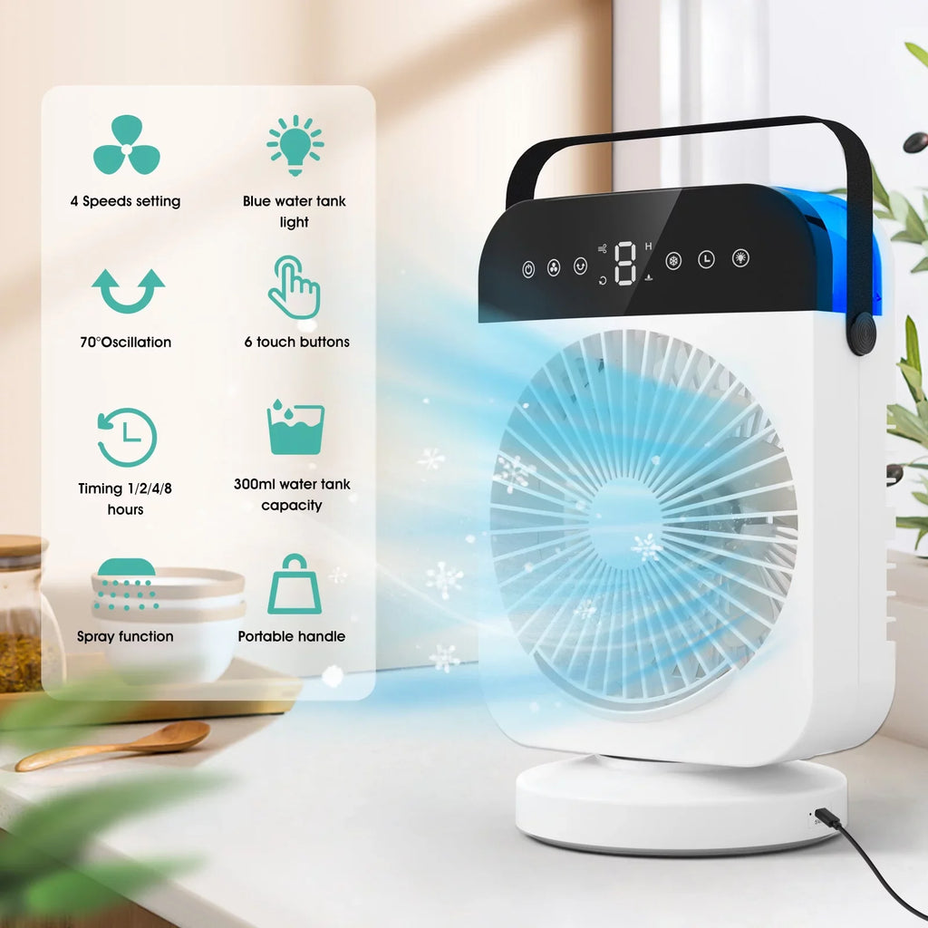 Portable Air Conditioner,Mini Personal Evaporative Air Cooler With 4 Speeds,Oscillation/Humidifier/Timing Function, Small Desktop Cooling Fan With Led Light For Room Office Camping