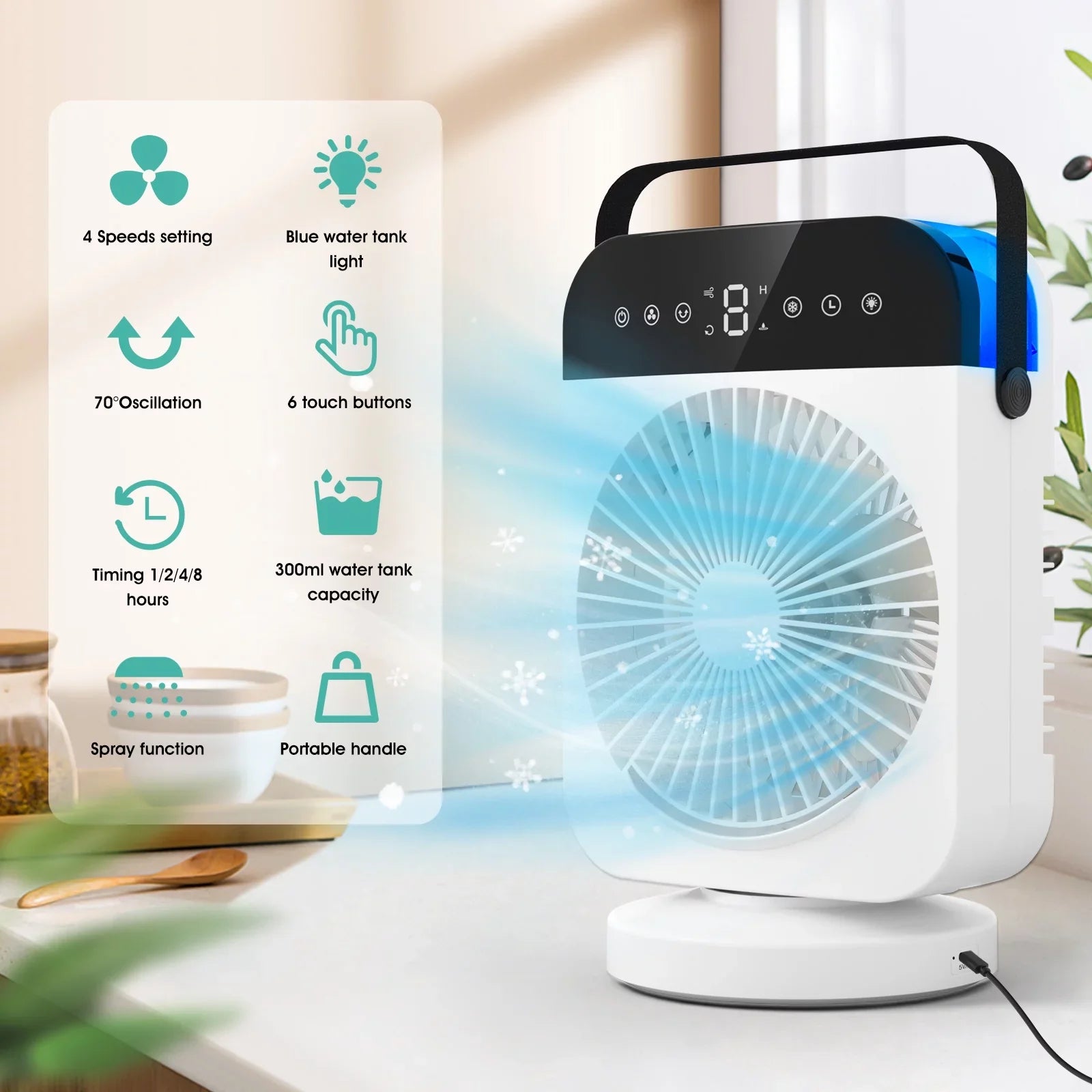 Portable Air Conditioner,Mini Personal Evaporative Air Cooler With 4 Speeds,Oscillation/Humidifier/Timing Function, Small Desktop Cooling Fan With Led Light For Room Office Camping