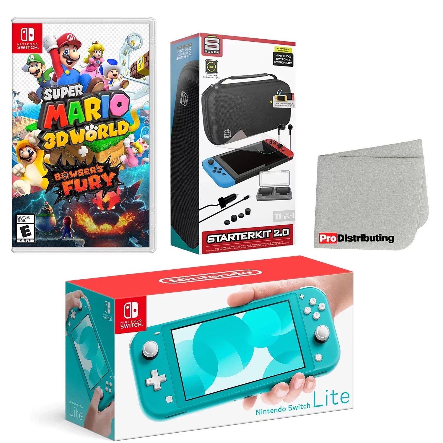 Nintendo Switch Lite Console Turquoise with Super Mario 3D World + Bowser’s Fury, Accessory Starter Kit and Screen Cleaning Cloth Bundle - Import with  Plug