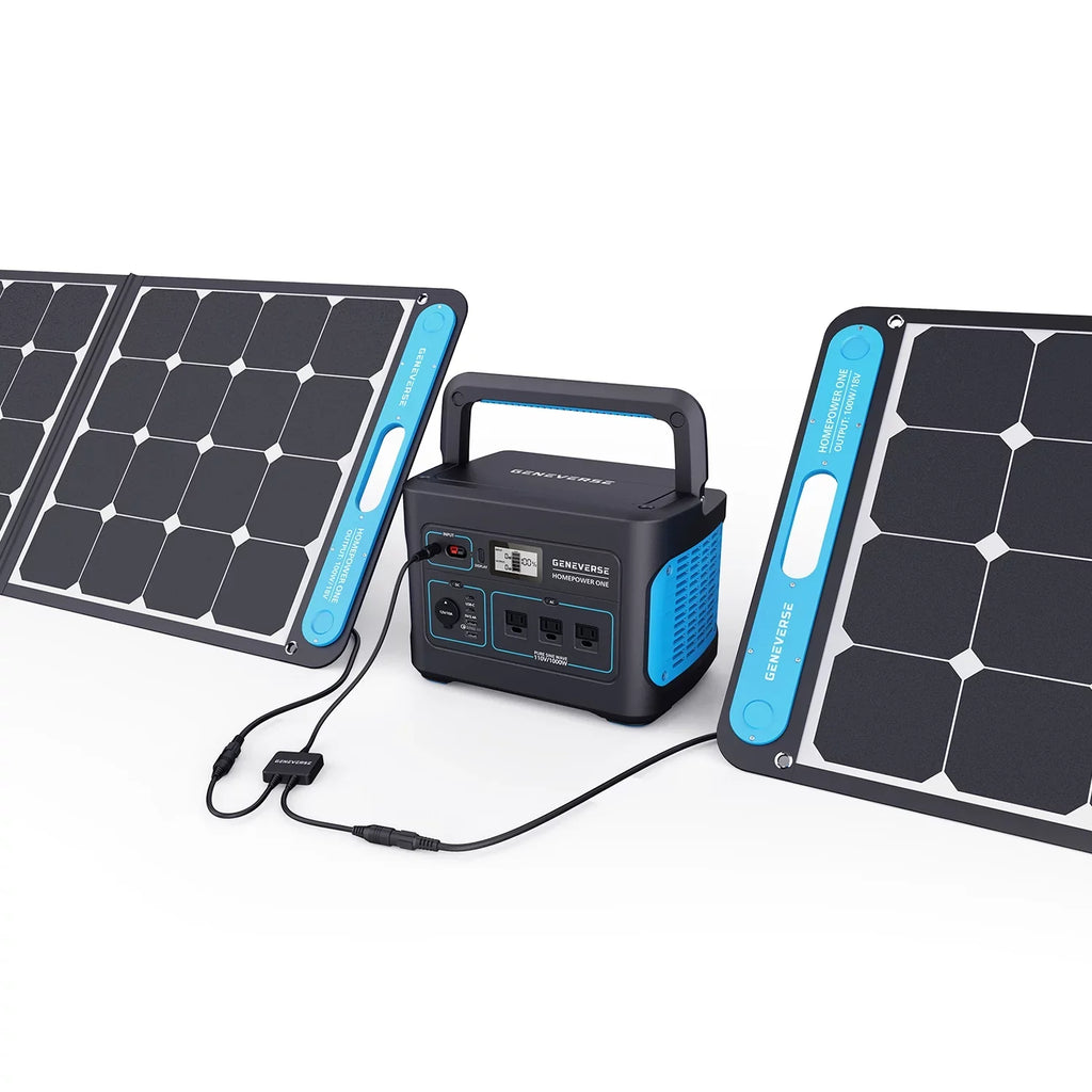 Geneverse 1002Wh (1x2) Solar Generator Bundle: 1X HomePower  Portable Power Station (3X 1000W  Outlets) + 2X 100W Solar Panels. Quiet, Indoor-Safe Backup Battery Power Generator For Home Devices