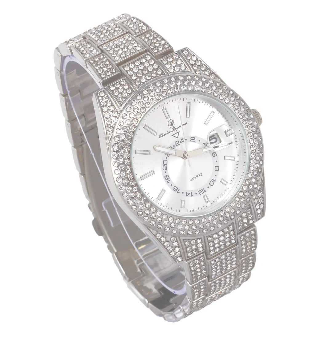 Charles Raymond Ice on Blast! Blinged Out Hip Hop Rolly Looks with Iced Out Wristwatch Trim and Band with Matching Zig Zag Bling'ed Out Necklace Sets -  Necklace Sets - Silver