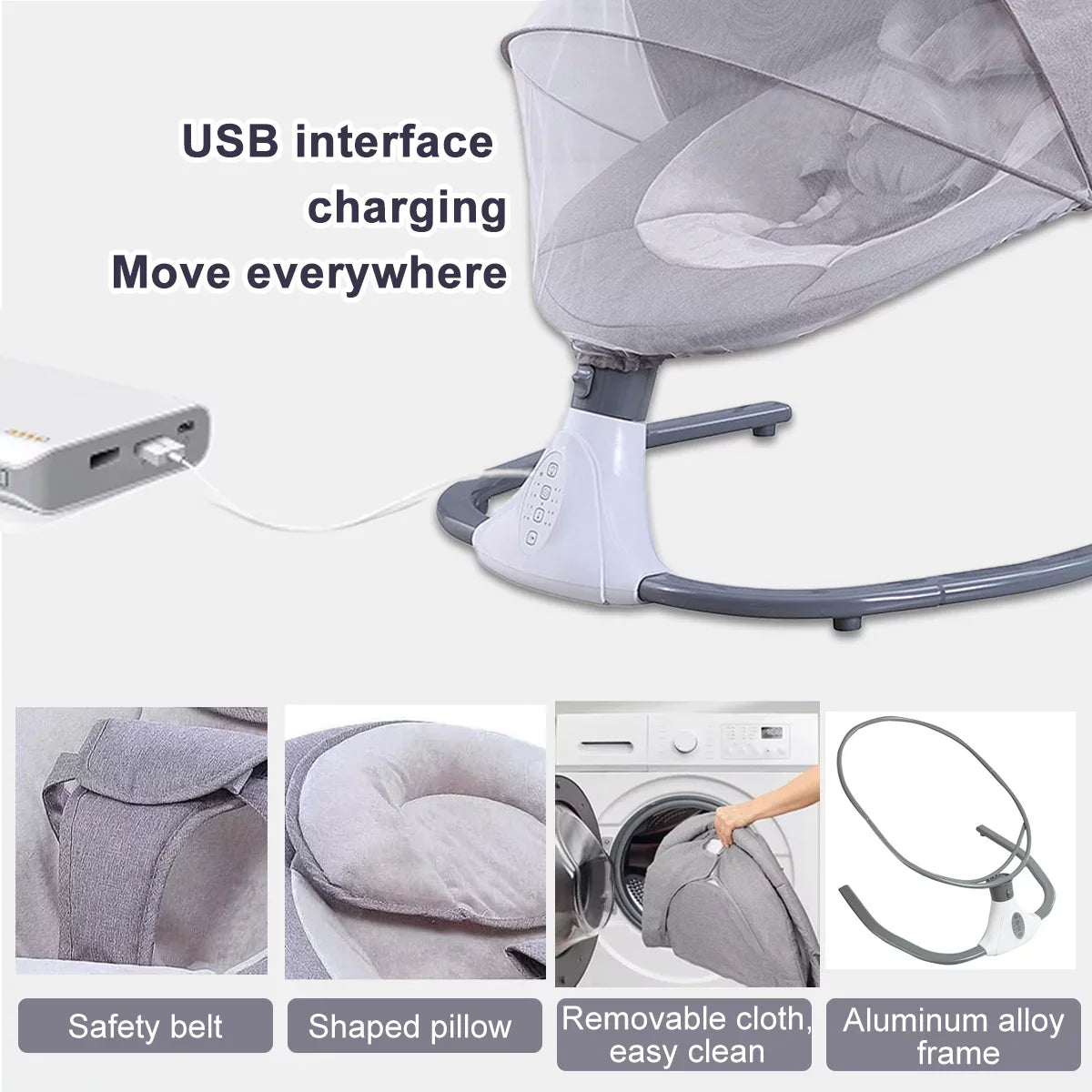 Electric Baby Swing Portable Swing Chair Infant Swing Seat with 4 Speeds and Remote Control, Gray