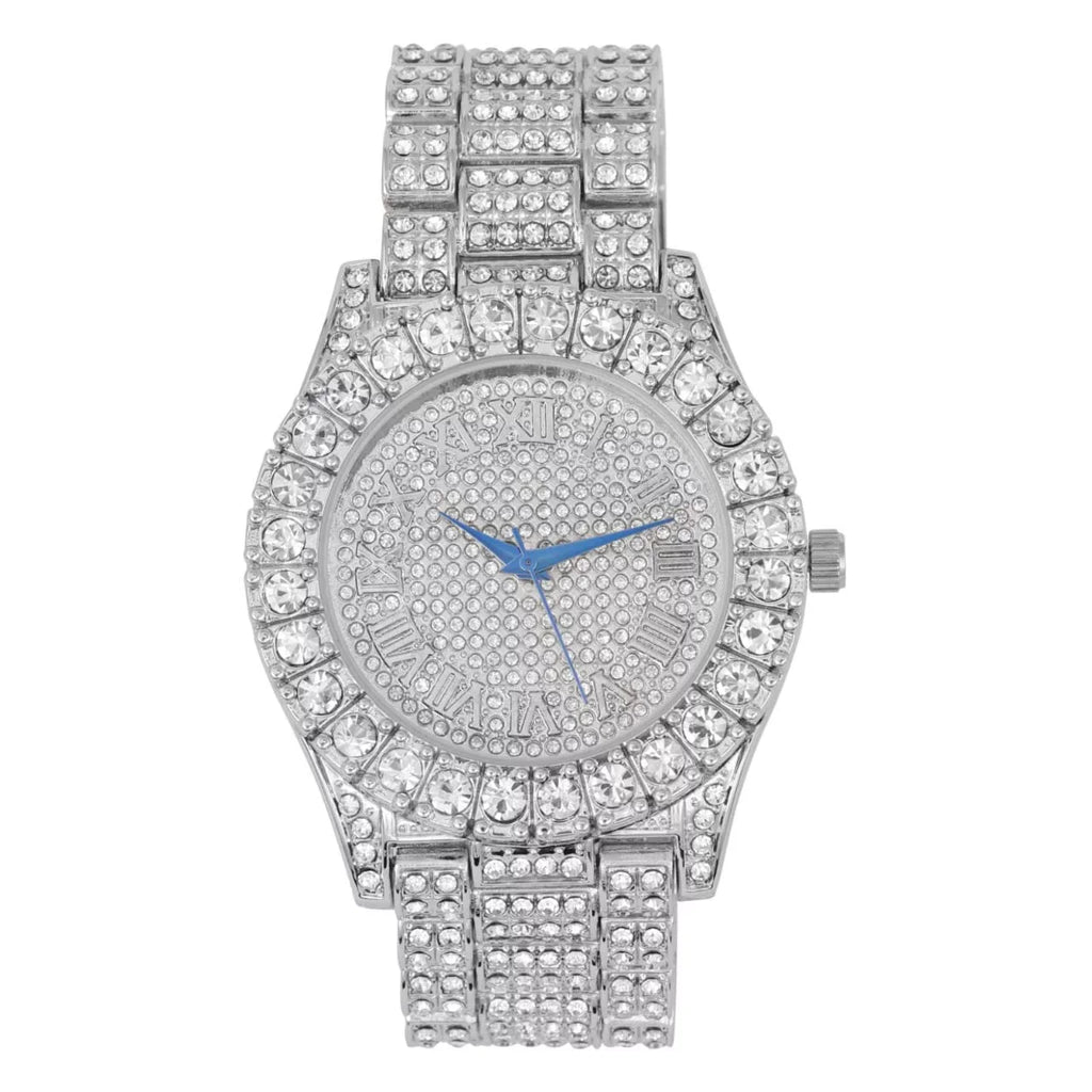 Charles Raymond Mens Big Rocks Bezel - Dial with Roman Numerals Fully Iced Out Watch w/Cuban Chain Bracelet & Ring - ST10327SET3PC (10,Silver)
