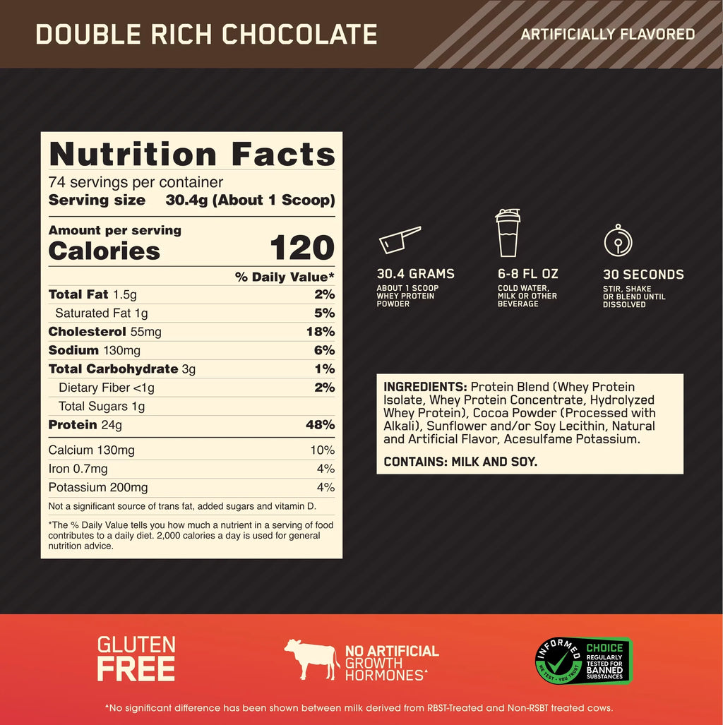 Optimum Nutrition, Gold Standard 100% Whey Protein Powder, Double Rich Chocoalte, 5 lb, 74 Servings