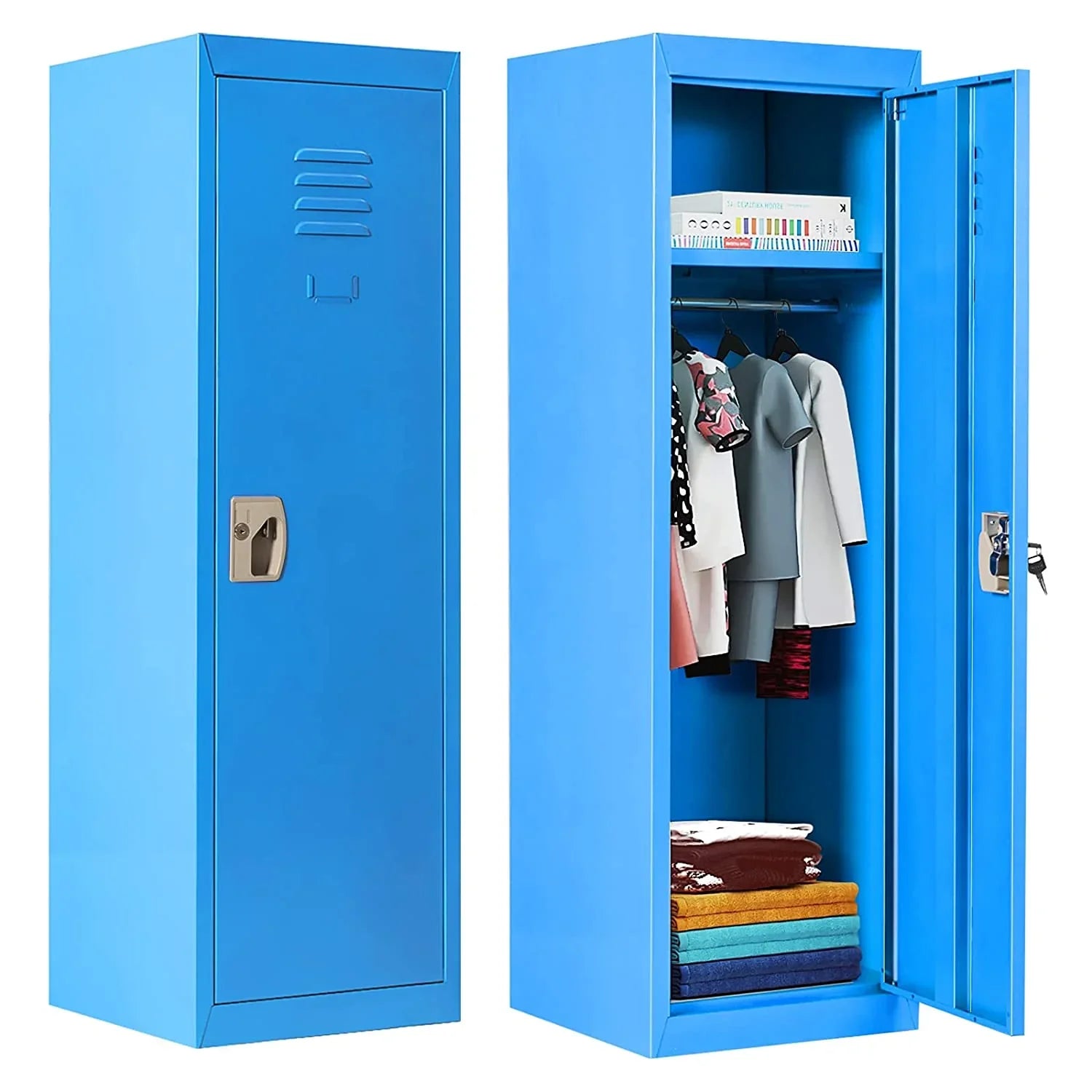 48" Kids Locker Cabinet, Daycare Metal Coat Locker w/Hanging Rod & Shelf for Kids Room Bedroom School Classroom, 2-Tier Storage Locker w/ 2 Keys for Toys, Clothes, Sports Gear