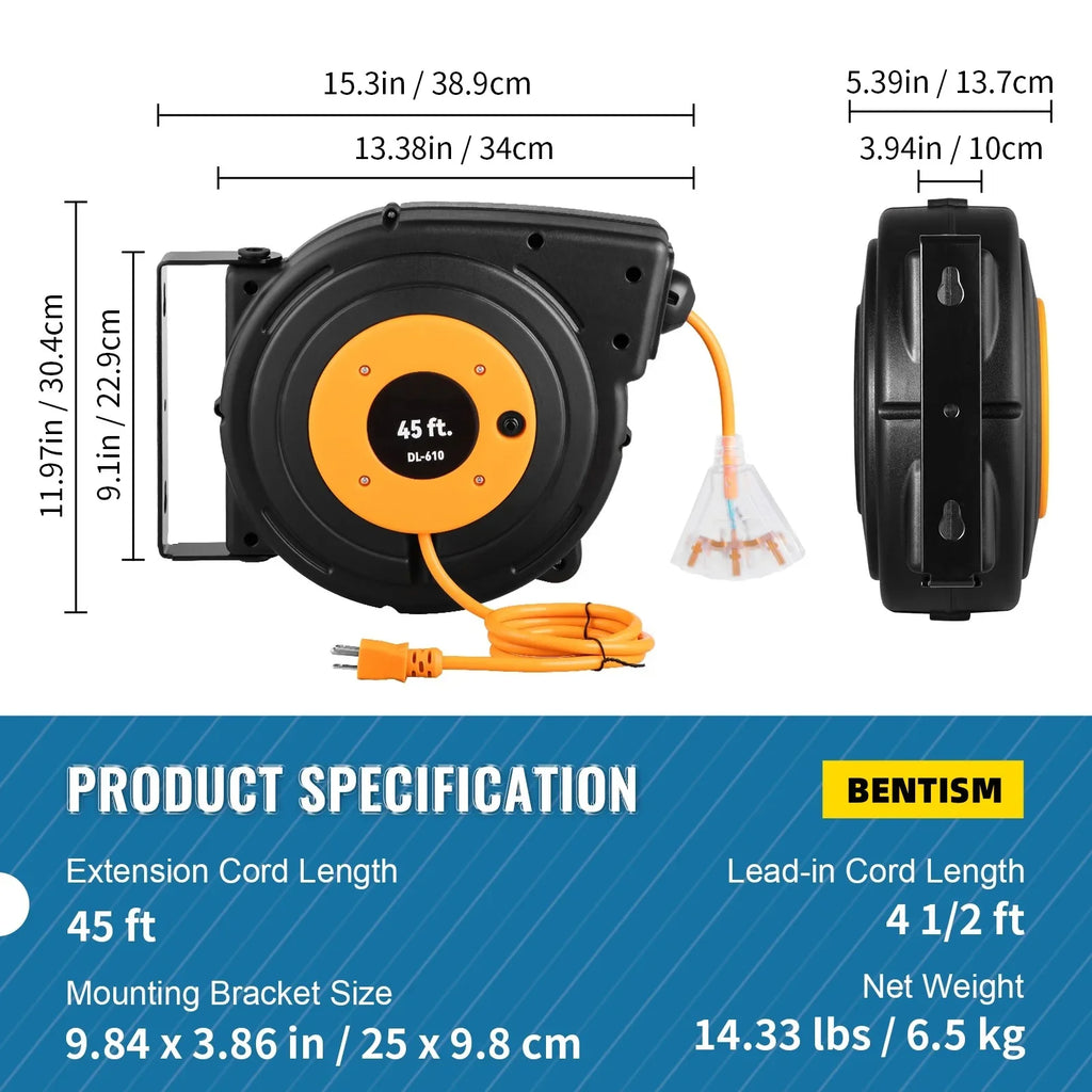 Retractable Extension Cord Reel Power Cord Reel 45FT 12AWG/3C