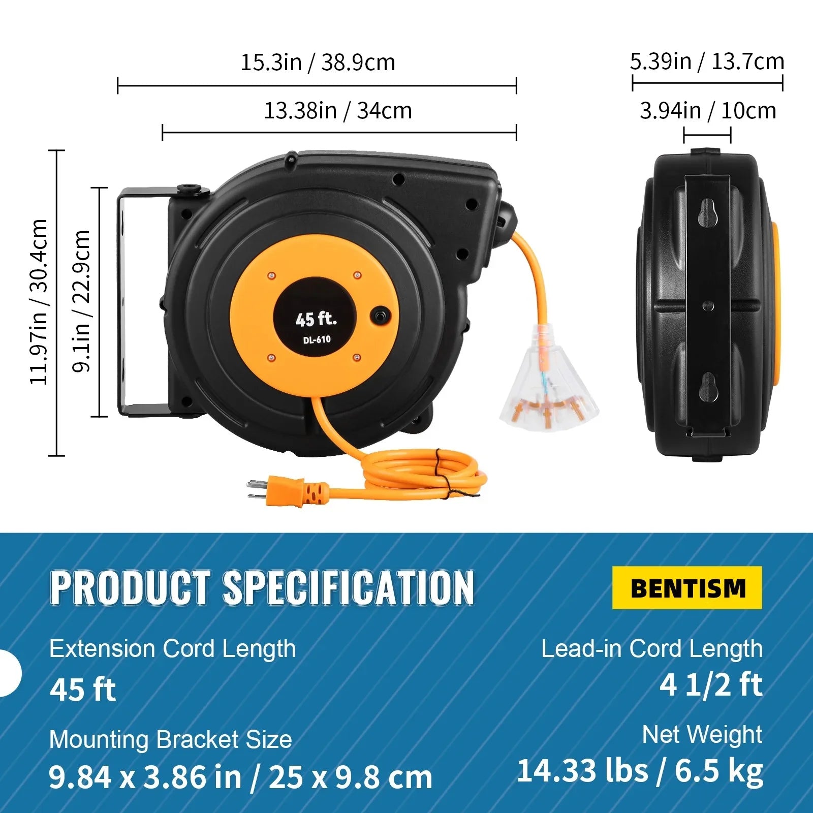 Retractable Extension Cord Reel Power Cord Reel 45FT 12AWG/3C
