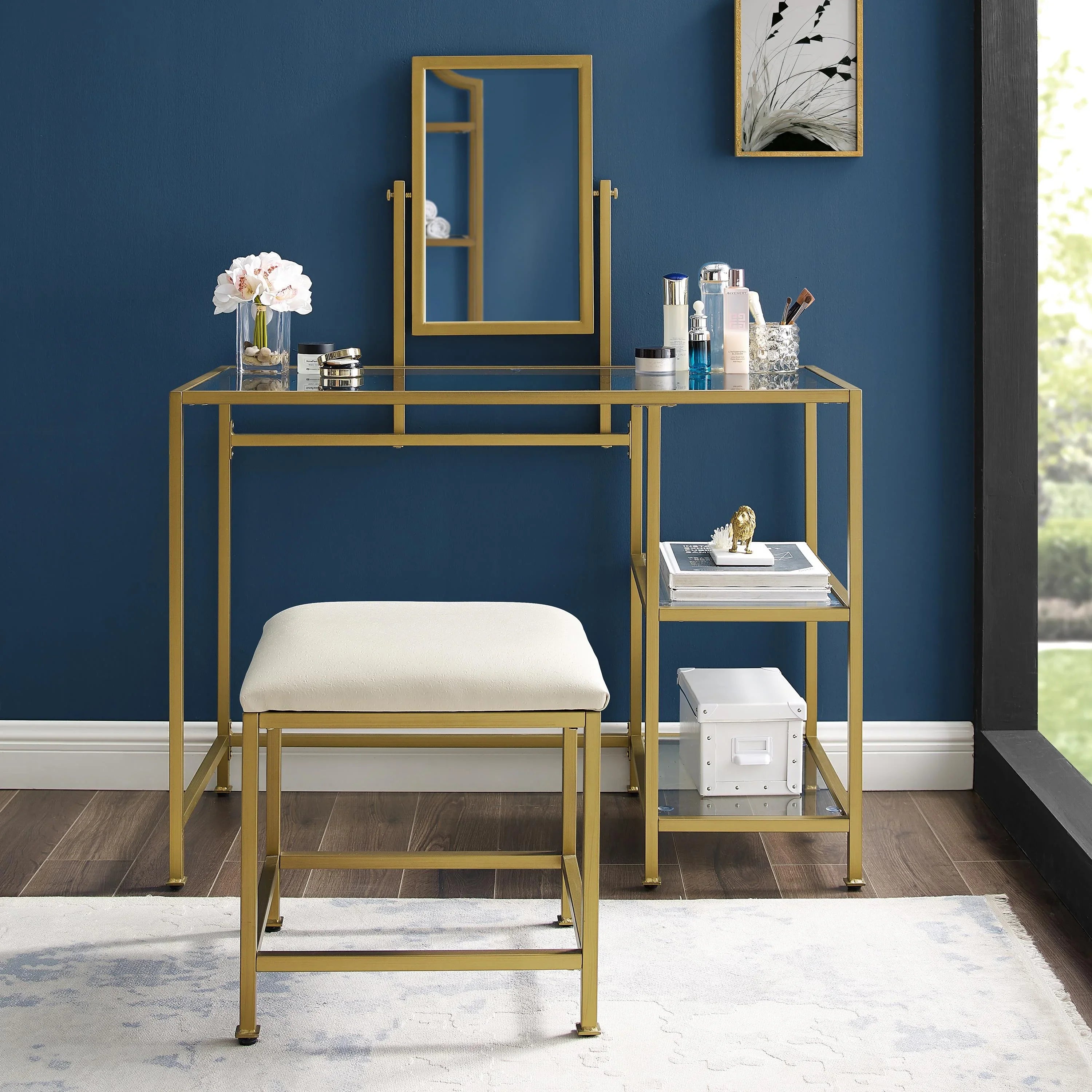 Crosley Furniture Aimee 3-Piece Makeup Vanity Desk Set with Stool and Storage Shelves