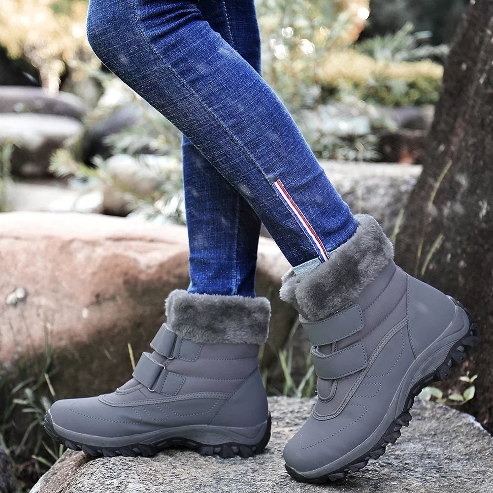Women's Winter Snow Boots Warm Thickened Faux Fur Lined Waterproof Outdoor Booties Hook and Loop Walking Shoes