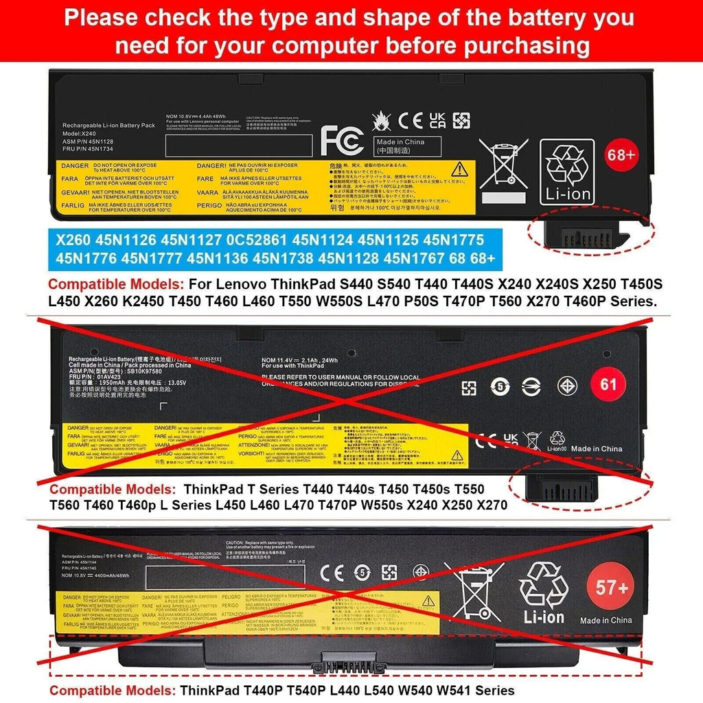 68 Replacement 45N1775 Battery for Lenovo ThinkPad T440 T450 T550 X240 X240s X250 X260 Notebook Laptop 24Wh 11.4V
