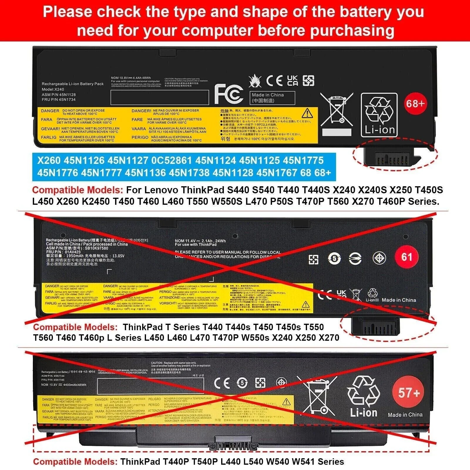 68 Replacement 45N1775 Battery for Lenovo ThinkPad T440 T450 T550 X240 X240s X250 X260 Notebook Laptop 24Wh 11.4V