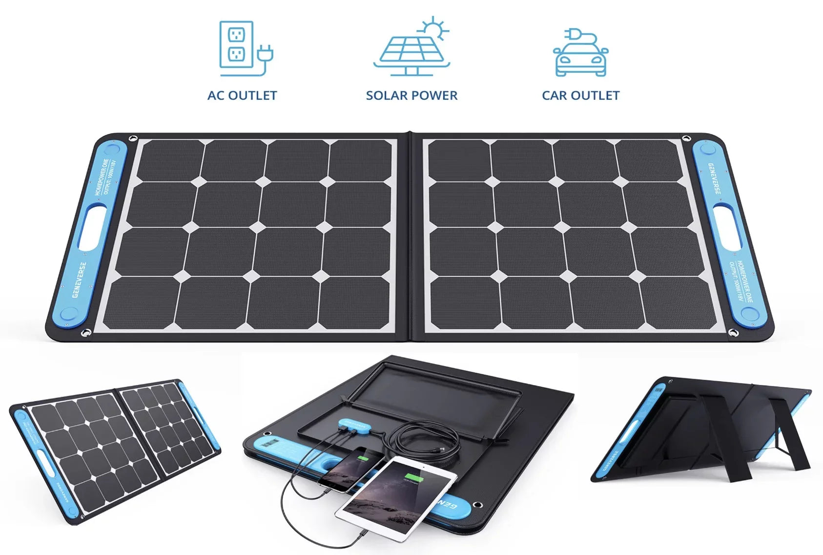 Geneverse 1002Wh (1x2) Solar Generator Bundle: 1X HomePower  Portable Power Station (3X 1000W  Outlets) + 2X 100W Solar Panels. Quiet, Indoor-Safe Backup Battery Power Generator For Home Devices