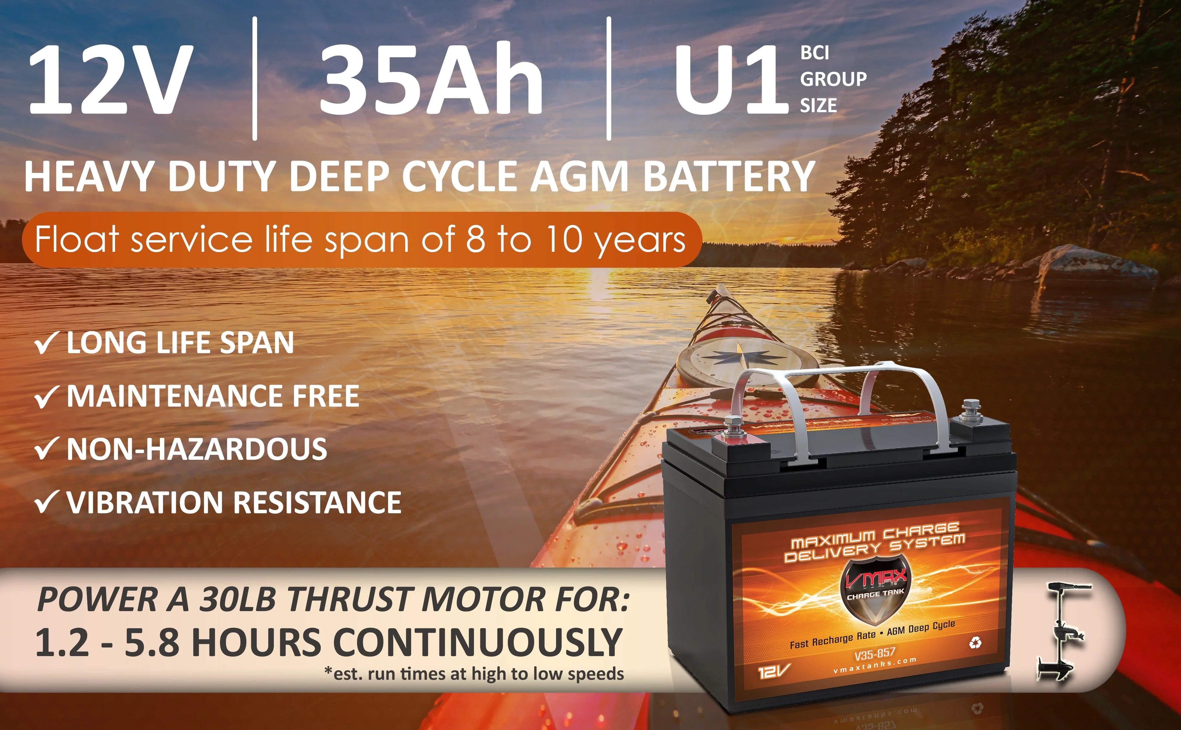 Vmax V35-857 12 Volt 35AH  U1 Battery for Minn Kota Traxxis 45lb Trolling Motor Boat Vehicle