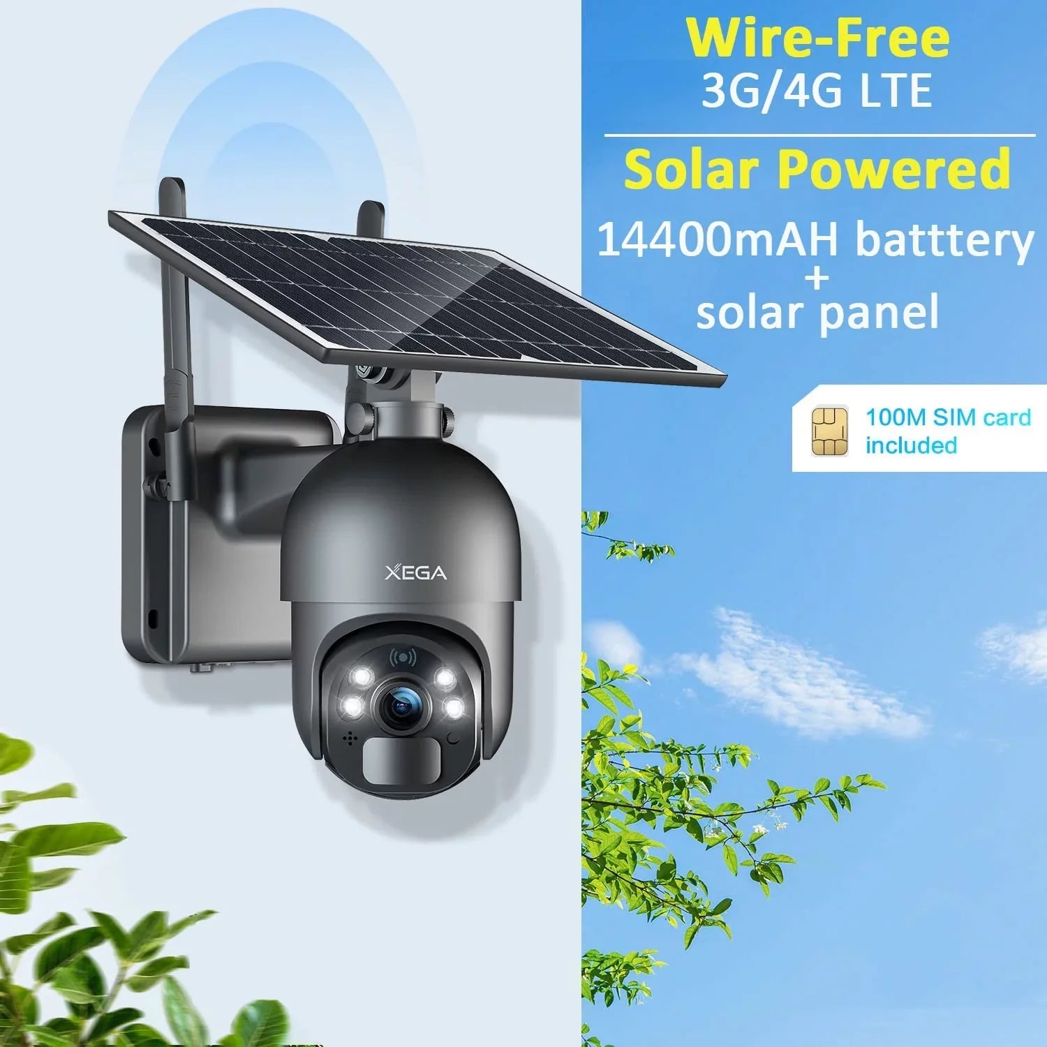 Xega 2K Outdoor 3G/4G  Cellular Solar/Battery Power Wireless Security Camera with  Card, 14400mAh Rechargeable Battery, 4X Zoom, 355° Pan 95° Tilt, Night Vision, 2-Way Talk, IP66, No Wifi Need