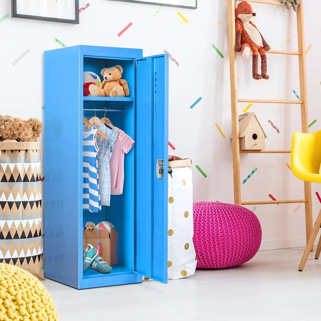 48" Kids Locker Cabinet, Daycare Metal Coat Locker w/Hanging Rod & Shelf for Kids Room Bedroom School Classroom, 2-Tier Storage Locker w/ 2 Keys for Toys, Clothes, Sports Gear