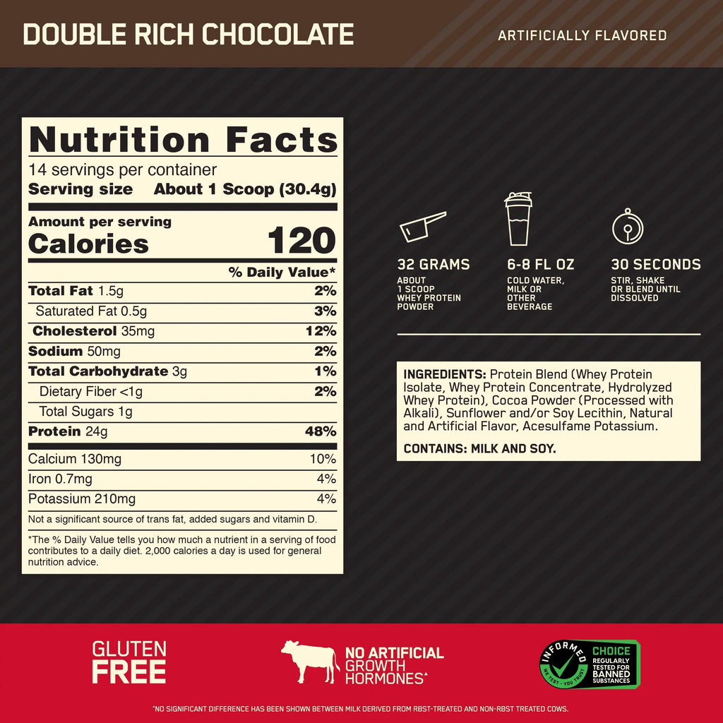 Optimum Nutrition, Gold Standard 100% Whey Protein Powder, Double Rich Chocolate, 1 lb, 14 Servings