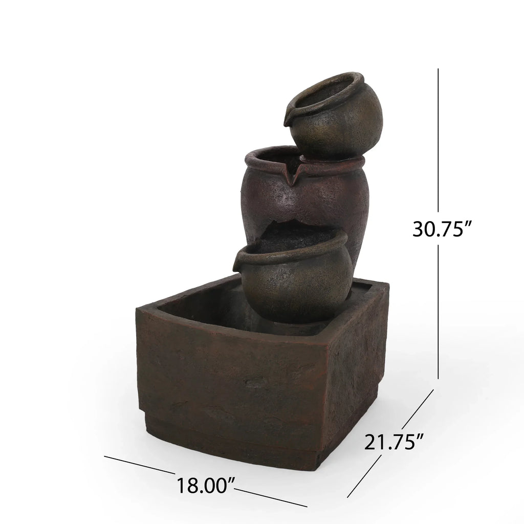 Studio Morrigan Outdoor 3 Tier Jar Fountain, Rustic Multibrown
